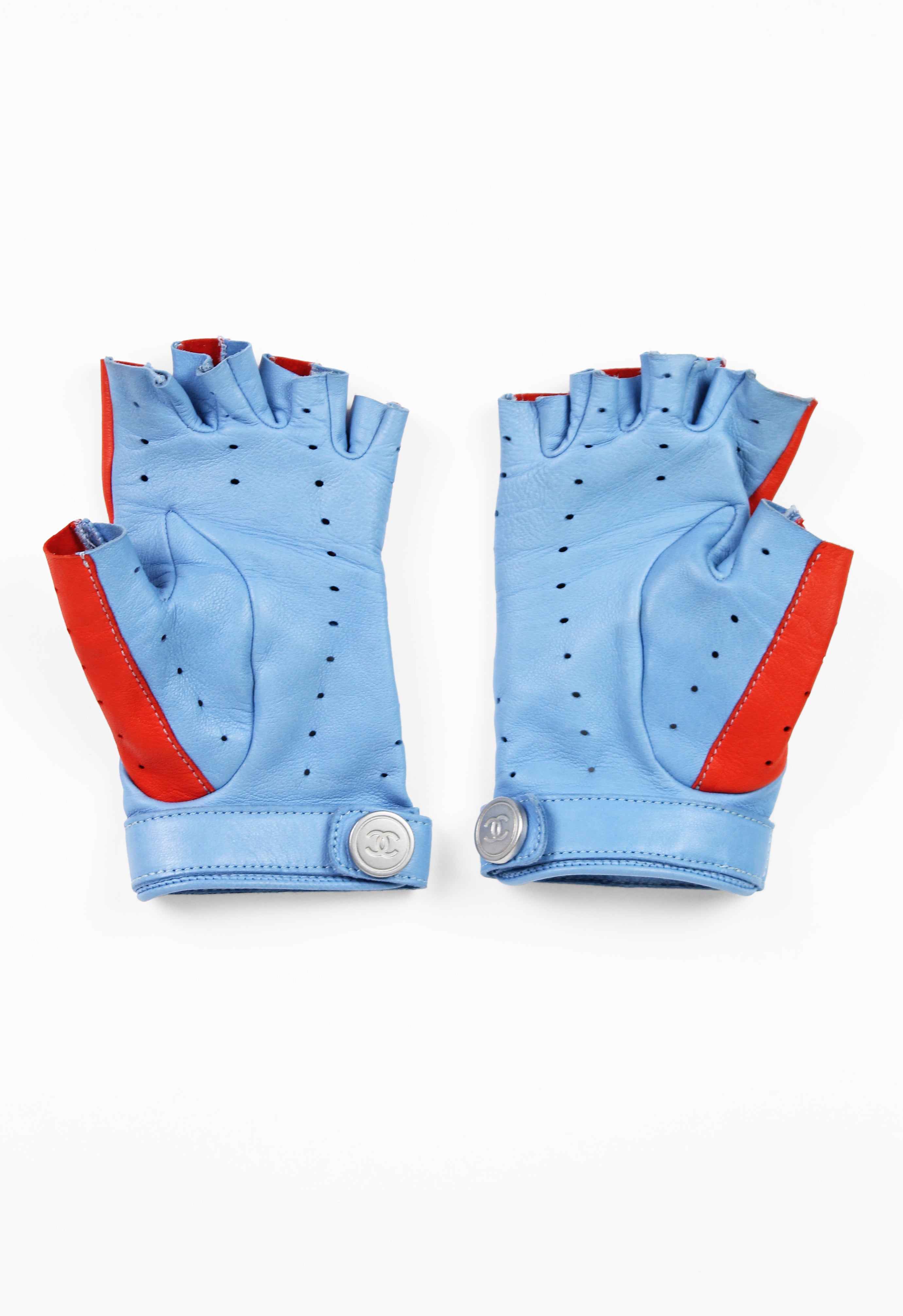 CHANEL SS 2002 LEATHER BI-COLOUR PERFORATED FINGERLESS GLOVES