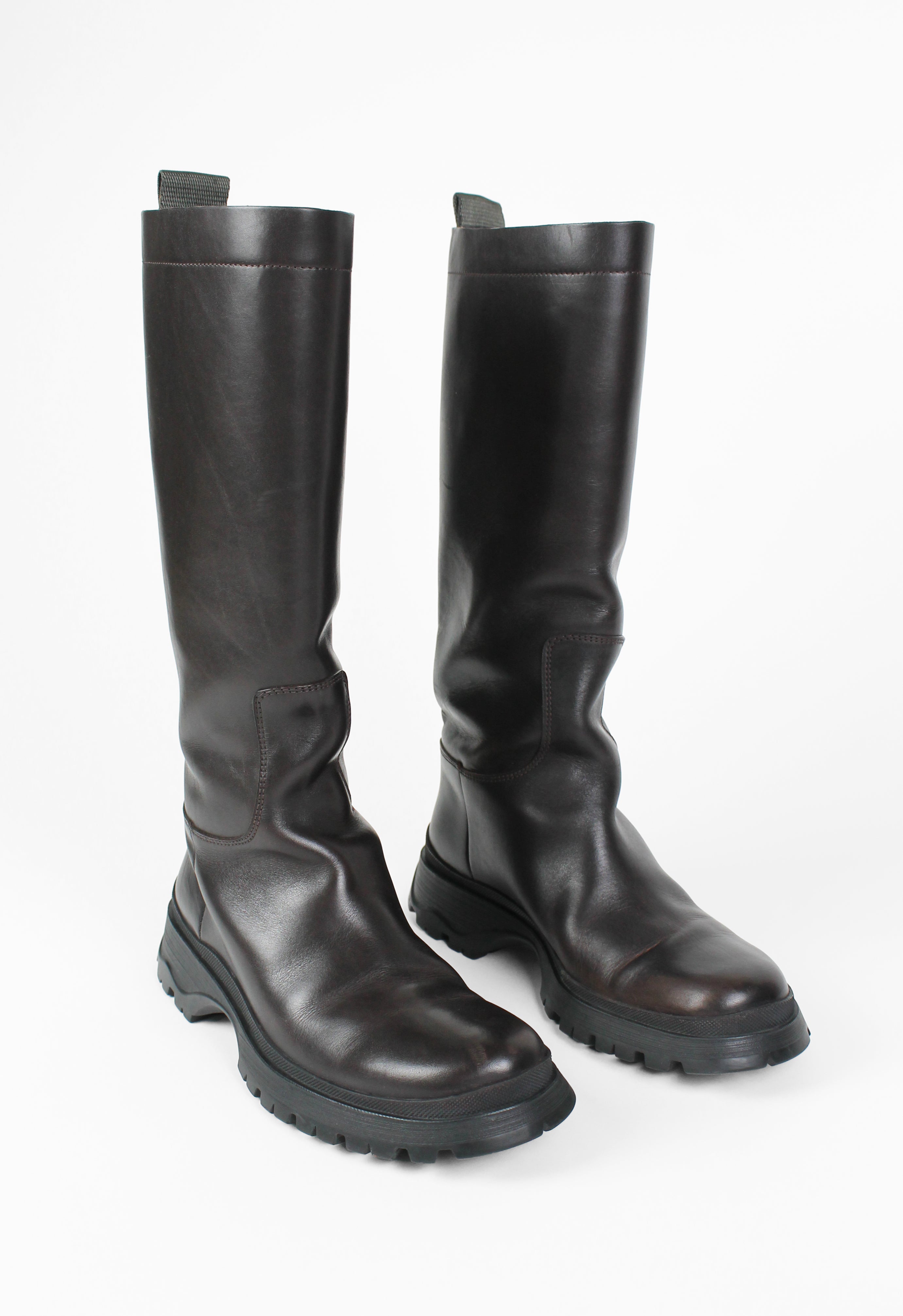 PRADA TALL BROWN LUG SOLE BOOTS
