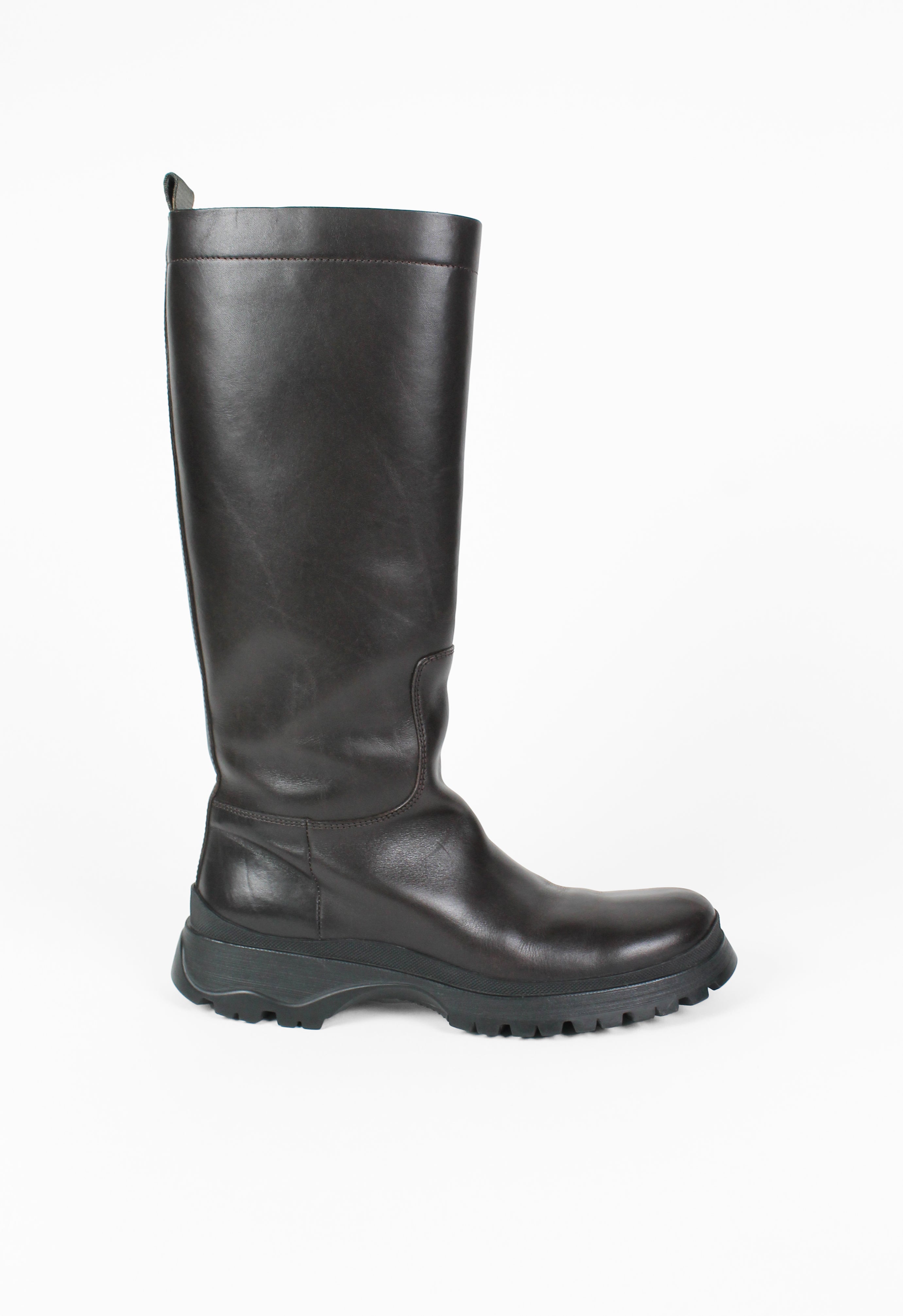 PRADA TALL BROWN LUG SOLE BOOTS