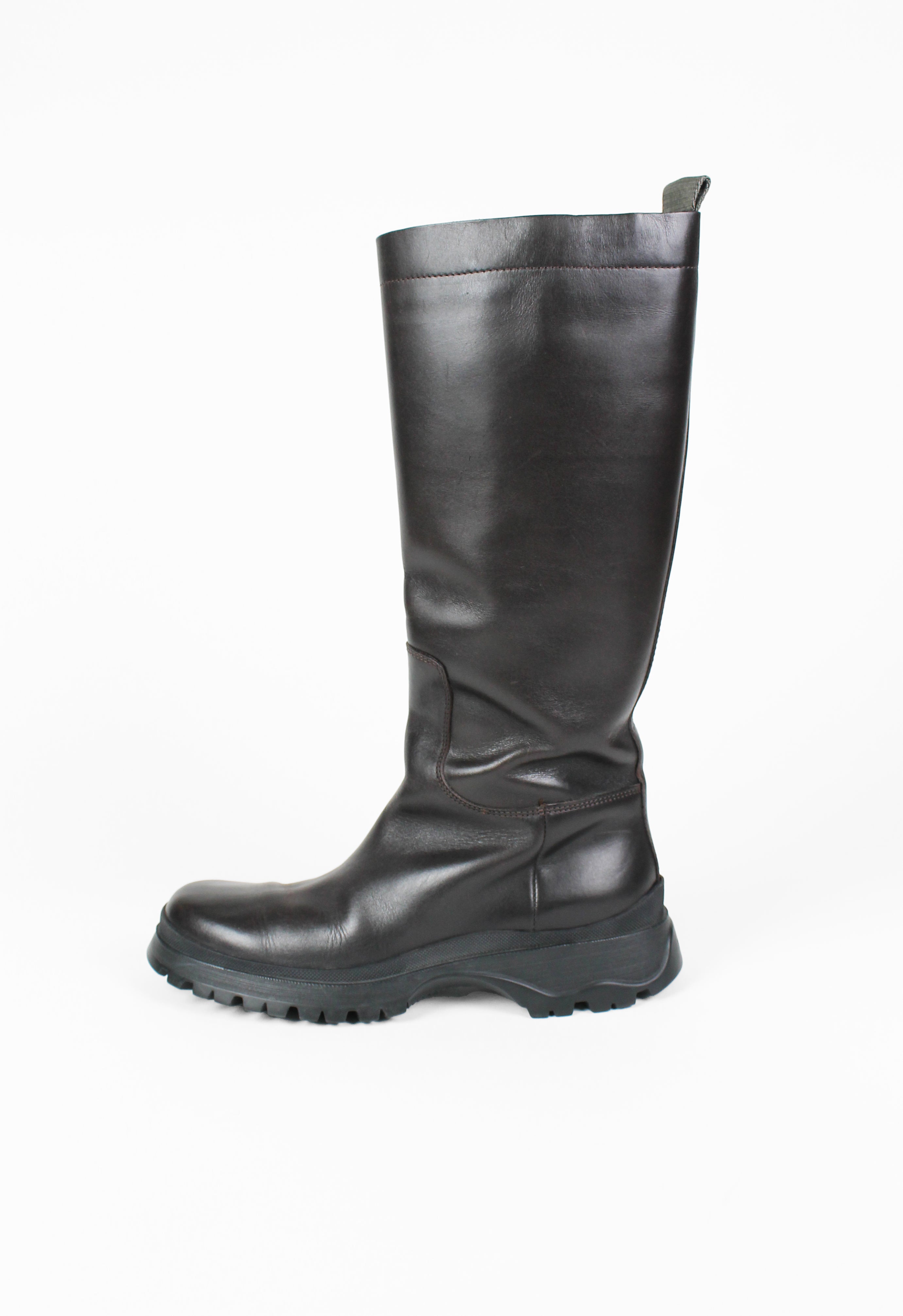 PRADA TALL BROWN LUG SOLE BOOTS