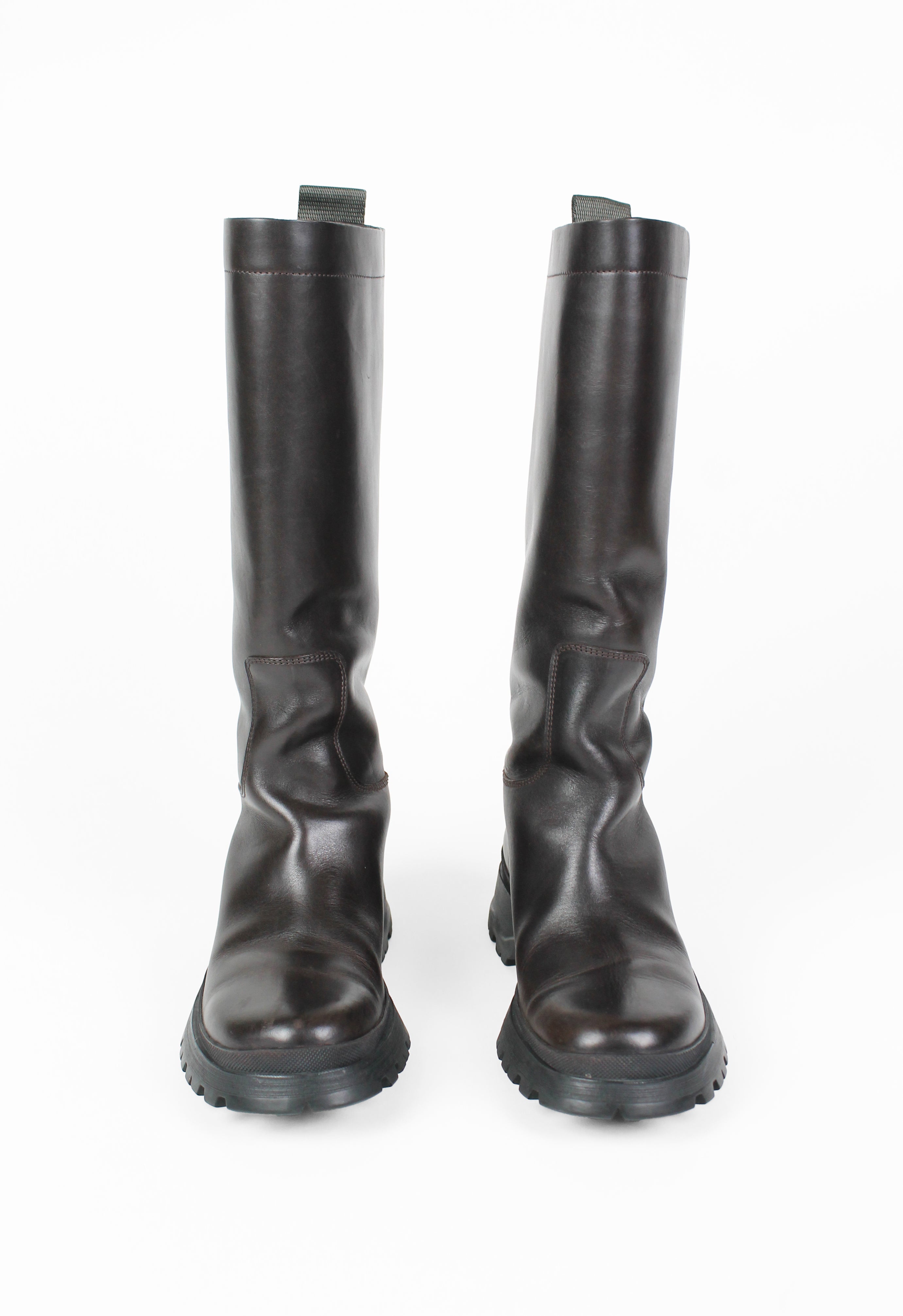 PRADA TALL BROWN LUG SOLE BOOTS