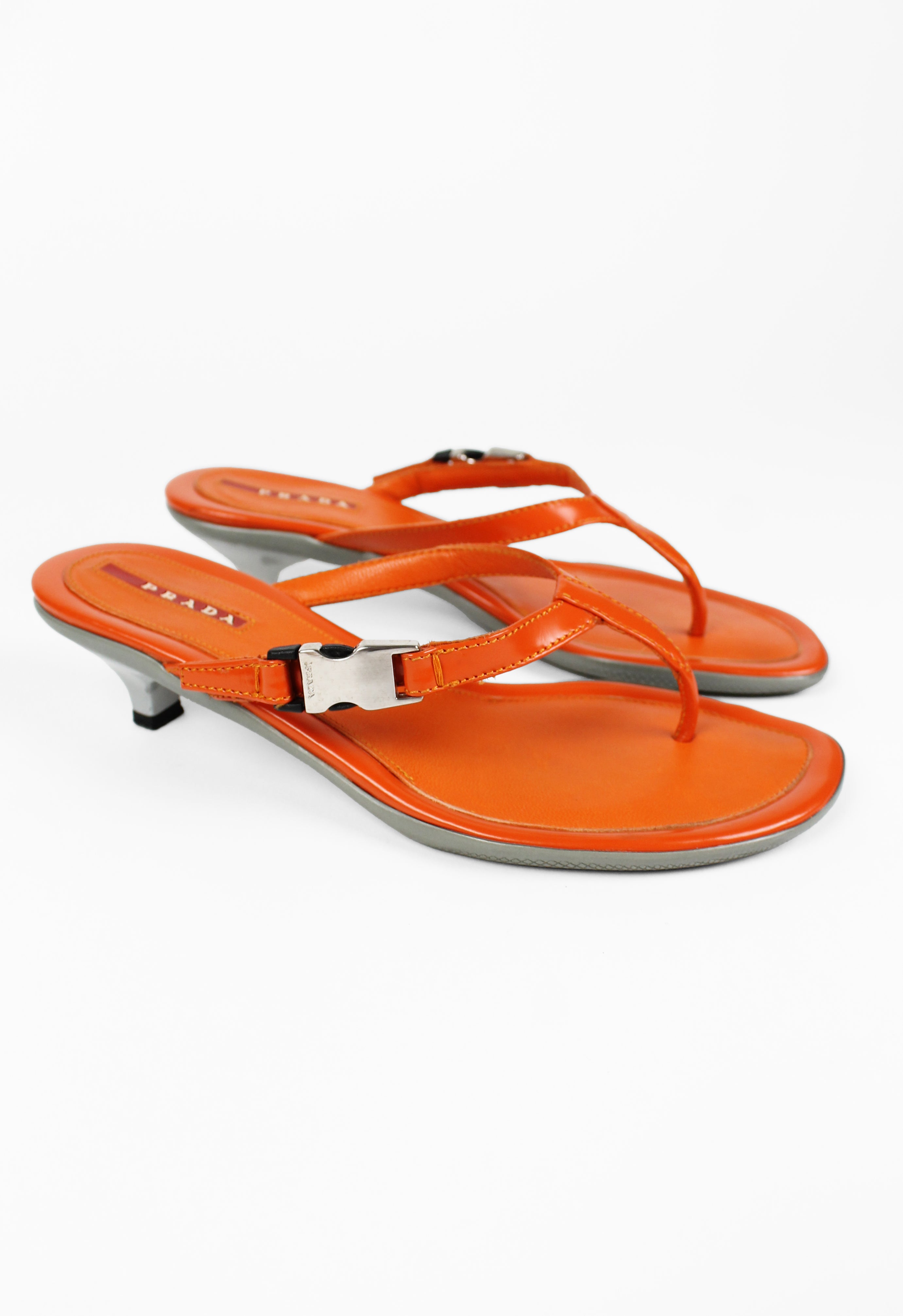 PRADA ORANGE KITTEN HEEL SANDALS
