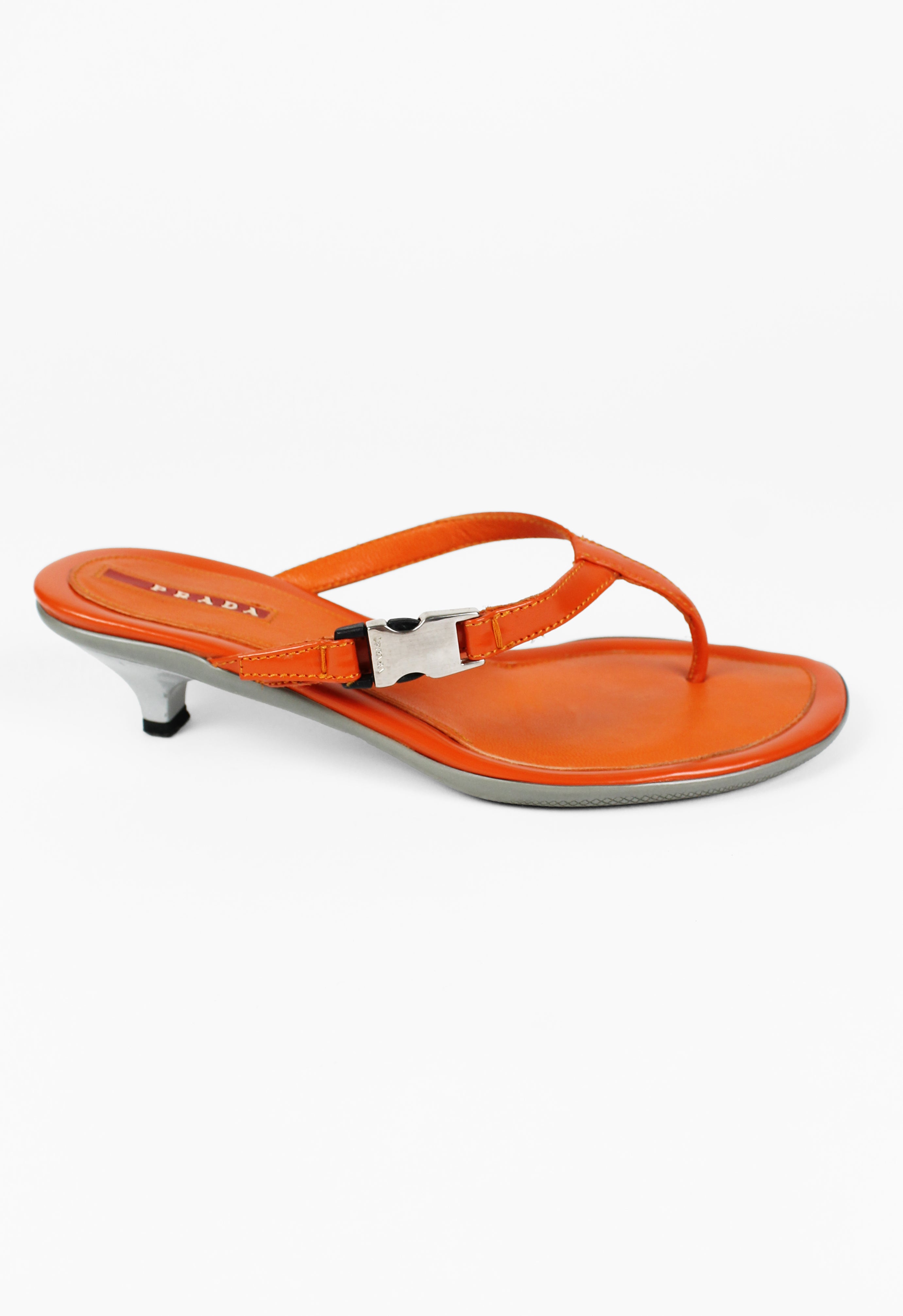 PRADA ORANGE KITTEN HEEL SANDALS
