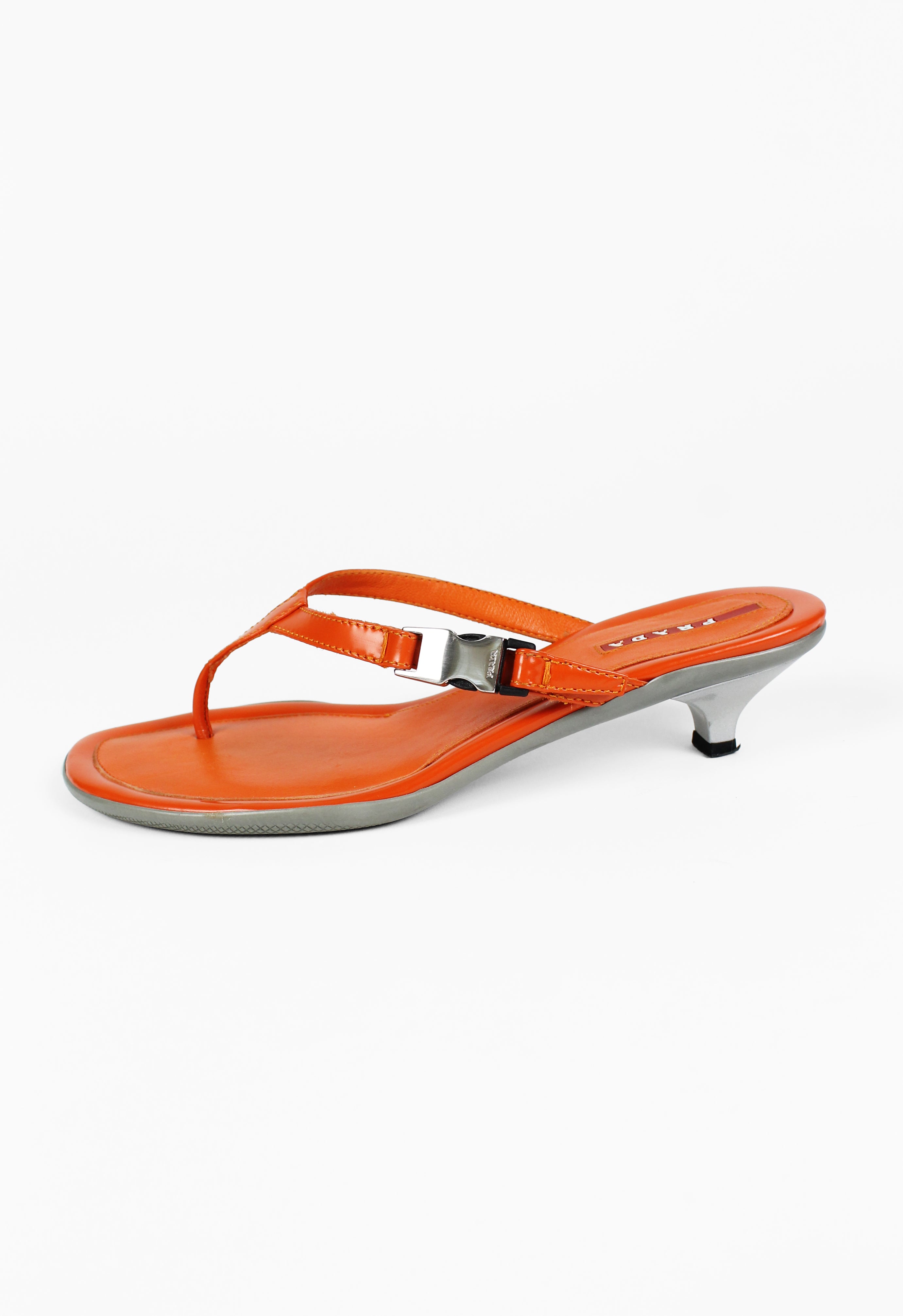 PRADA ORANGE KITTEN HEEL SANDALS