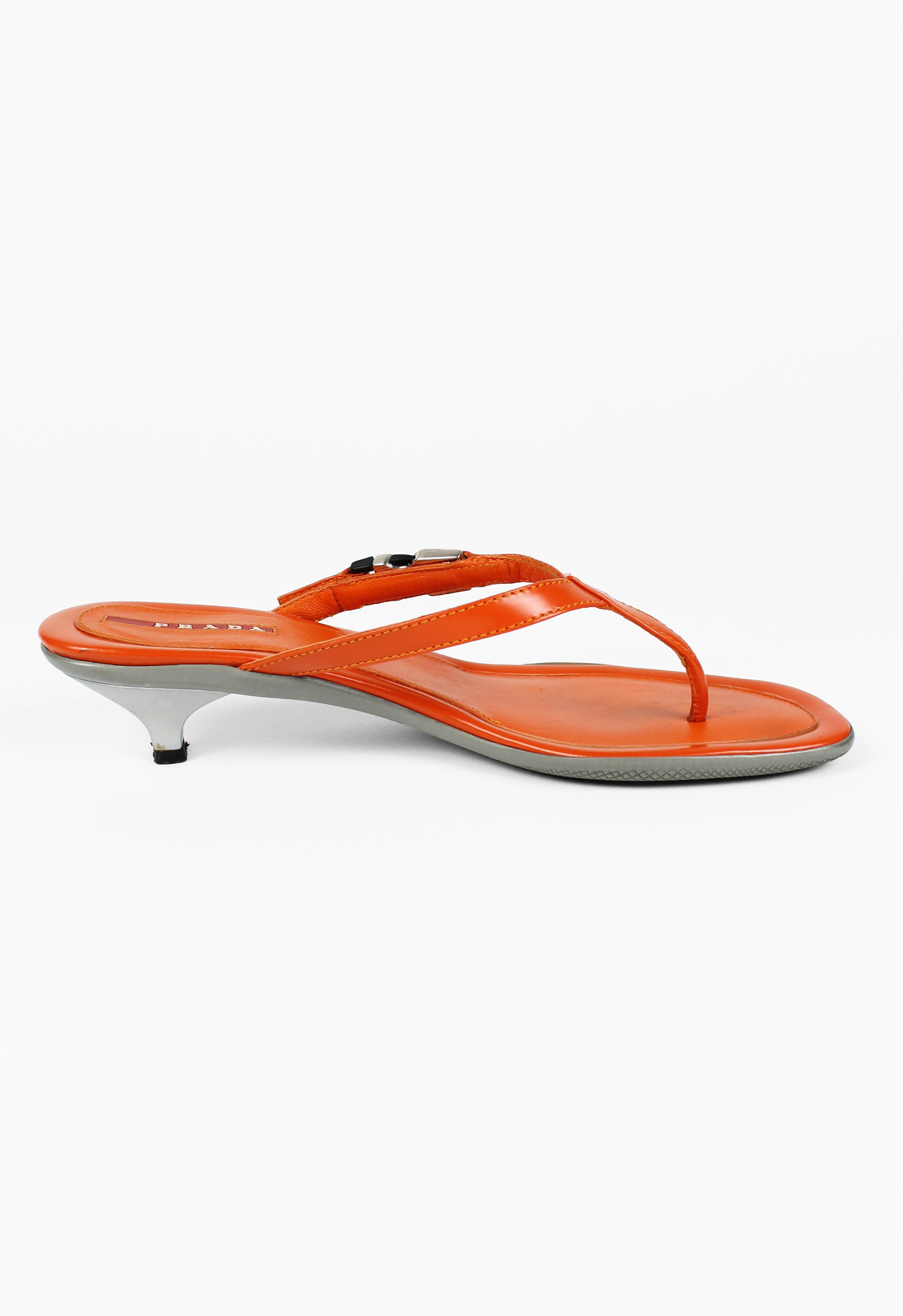 PRADA ORANGE KITTEN HEEL SANDALS