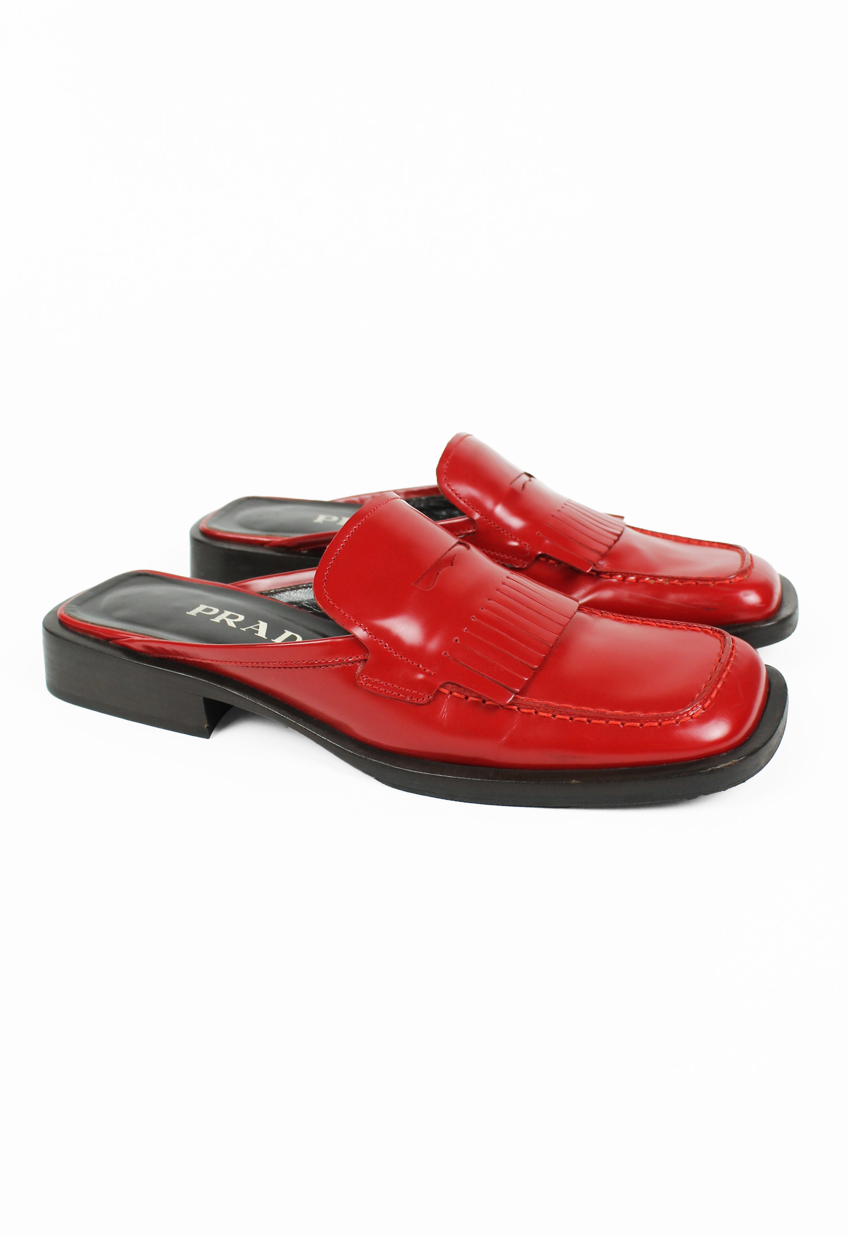 靴 99SS PRADA square toe leather mules red PRADA SS 1999 RED SQUARE TOE MULES – THE 543