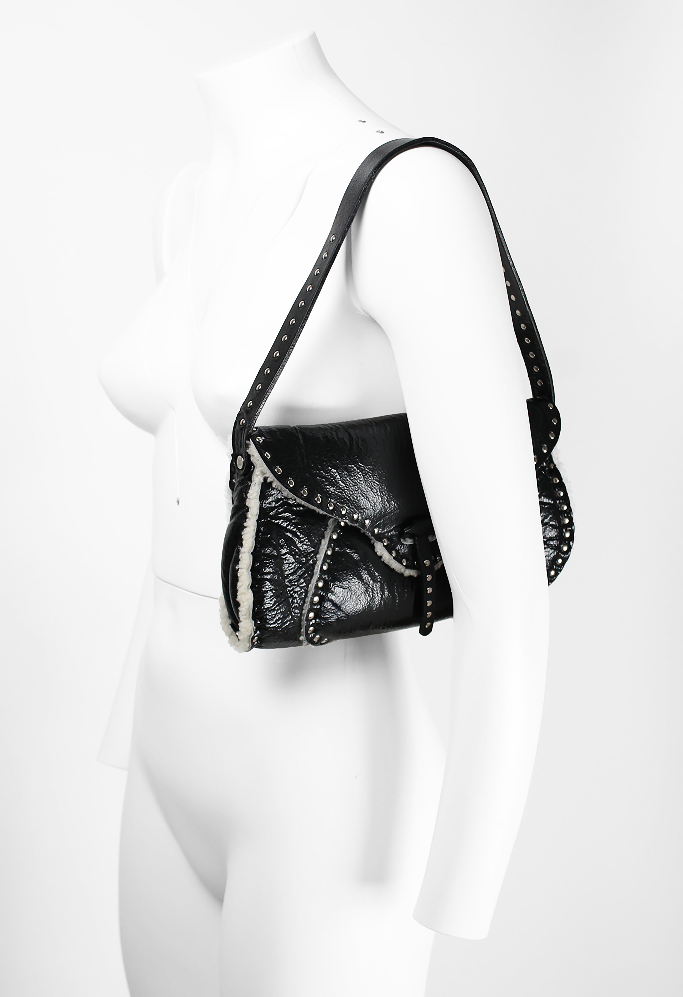 CELINE 2003 STUDDED SHEARLING SHOULDER BAG