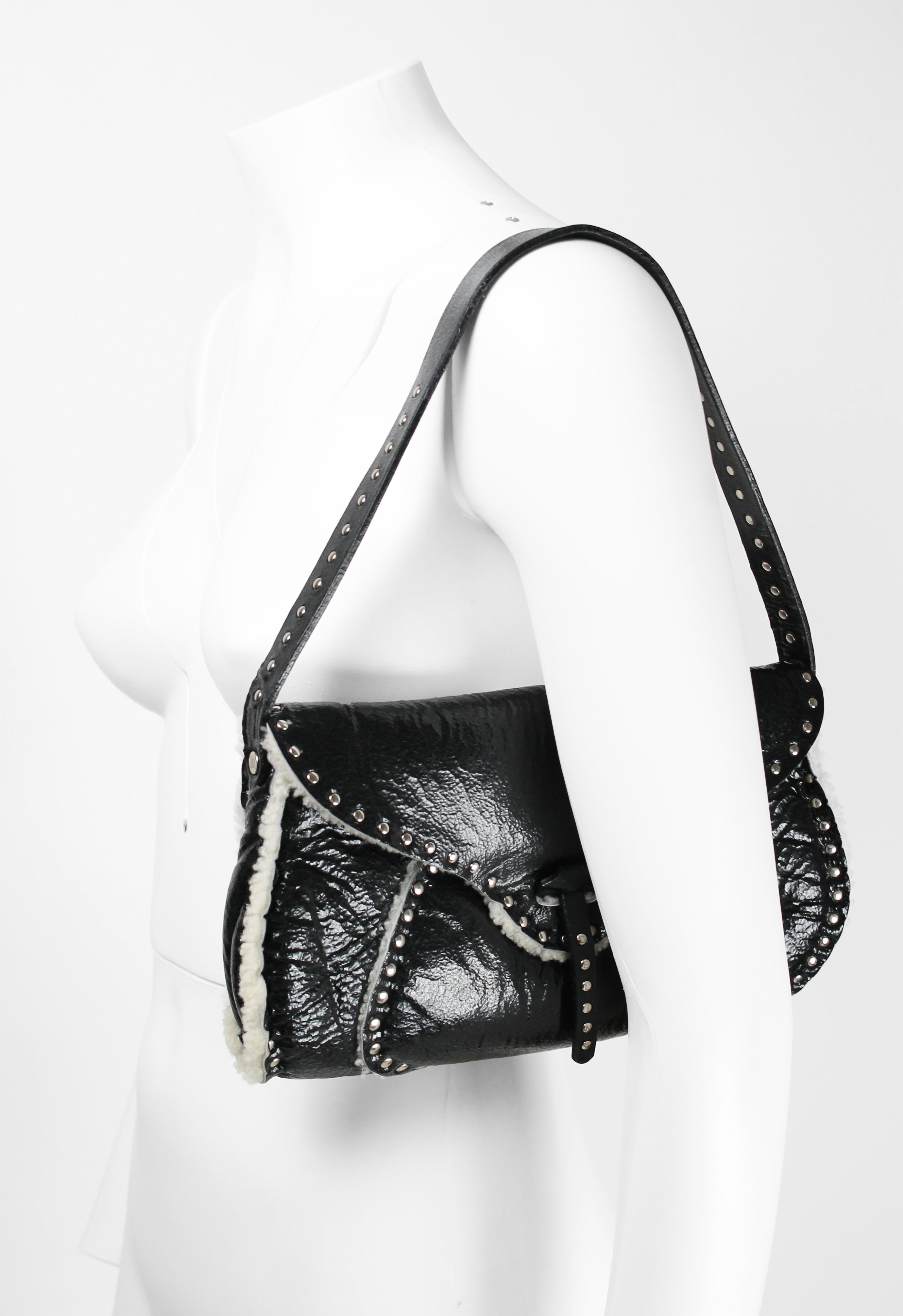 CELINE 2003 STUDDED SHEARLING SHOULDER BAG
