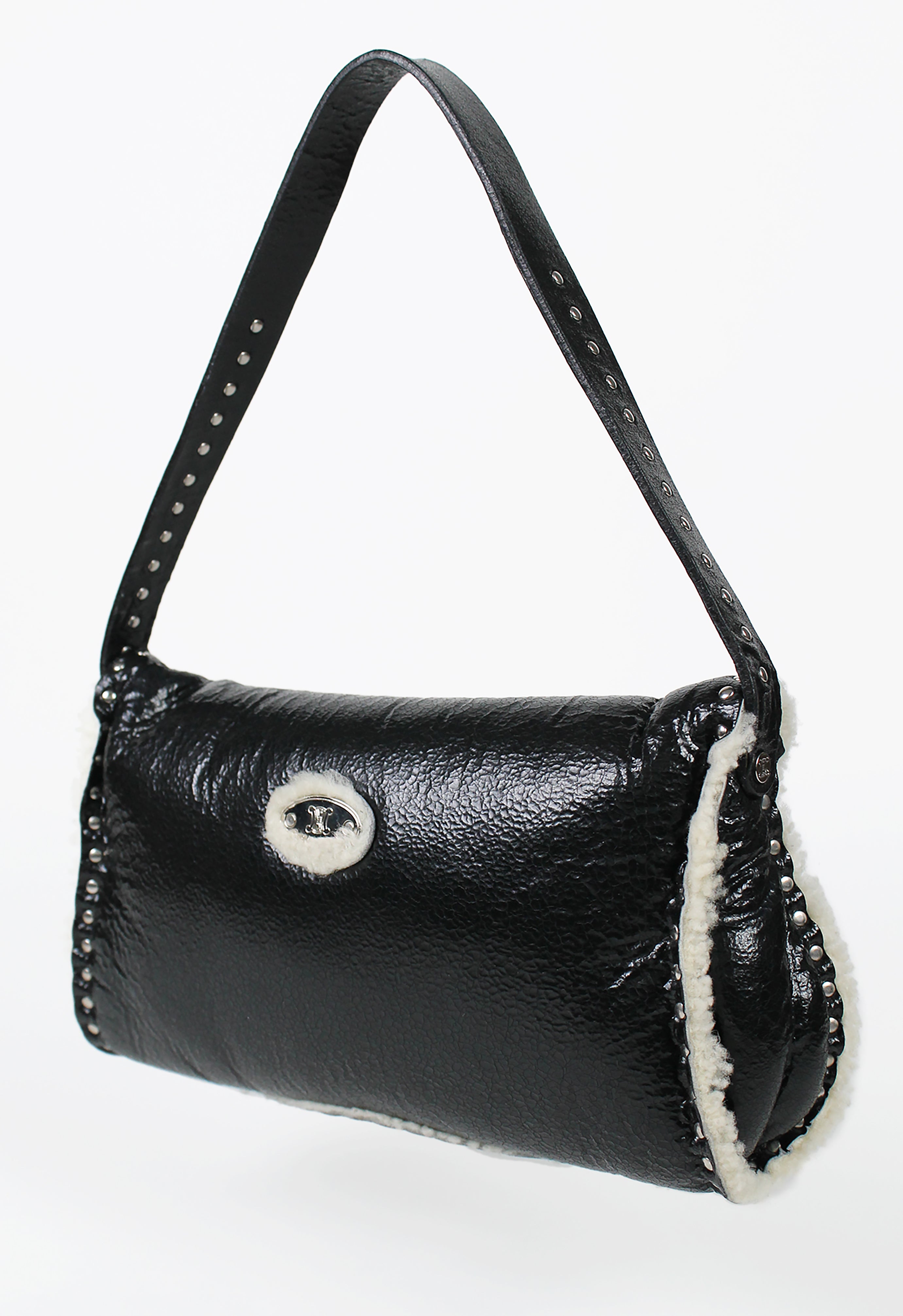 CELINE 2003 STUDDED SHEARLING SHOULDER BAG
