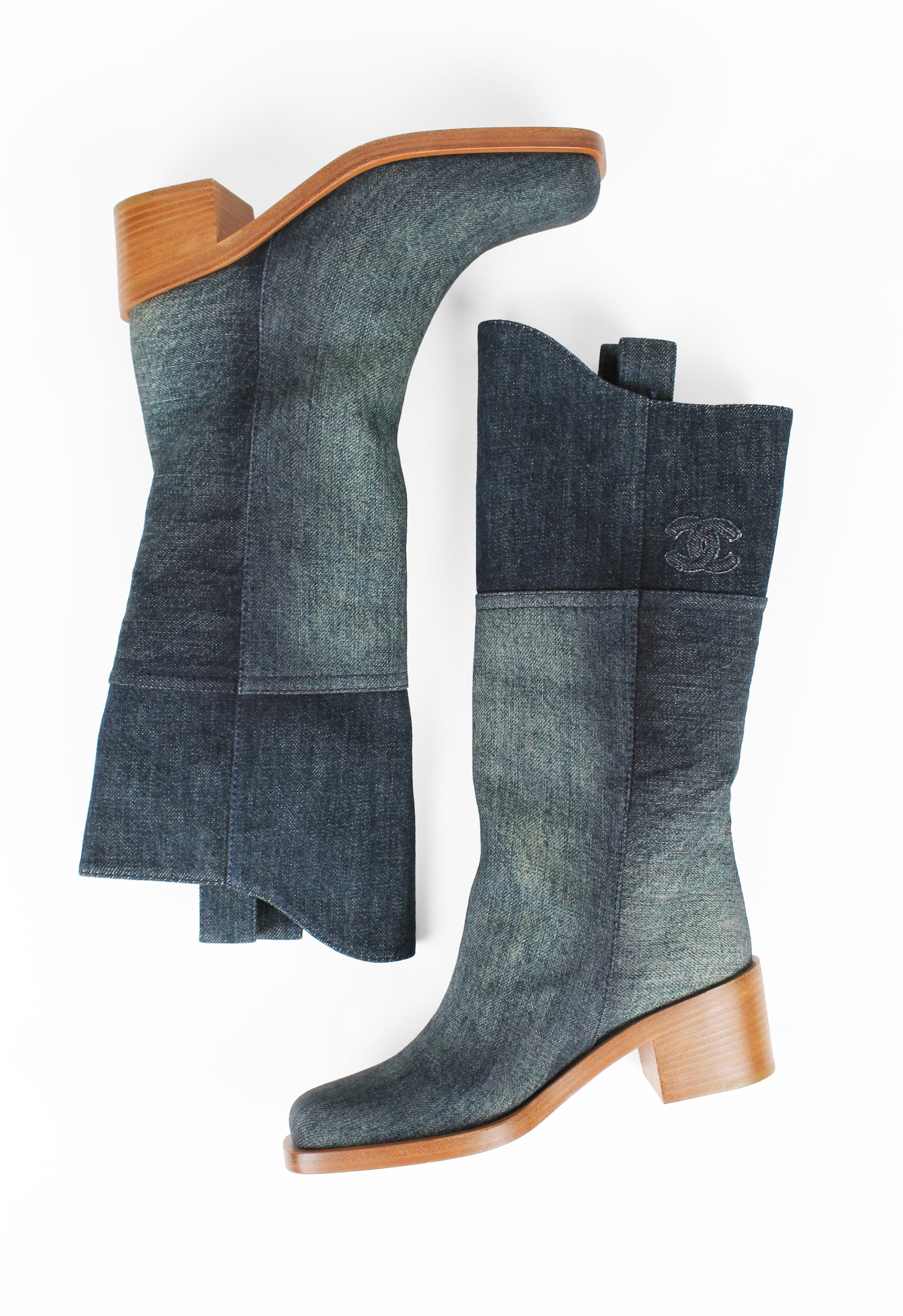 CHANEL PRE-FALL 2014 TALL WESTERN DENIM BOOTS