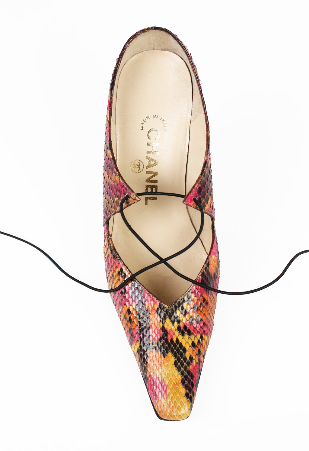 CHANEL SS 2000 MULTI-COLOURED PYTHON LACE HEELS