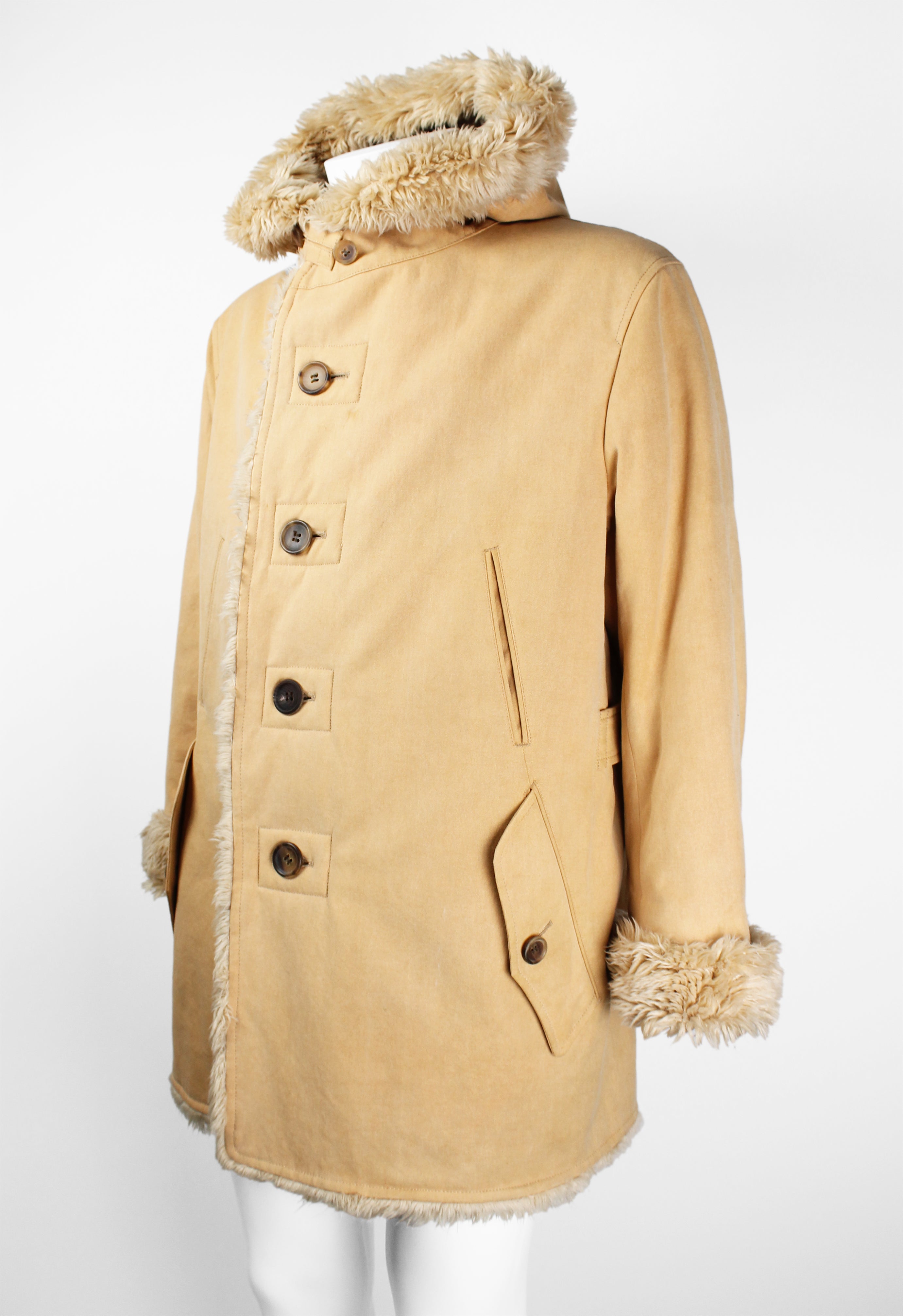 ISSEY MIYAKE MEN FW 2003 FAUX FUR TRIM HOODED COAT