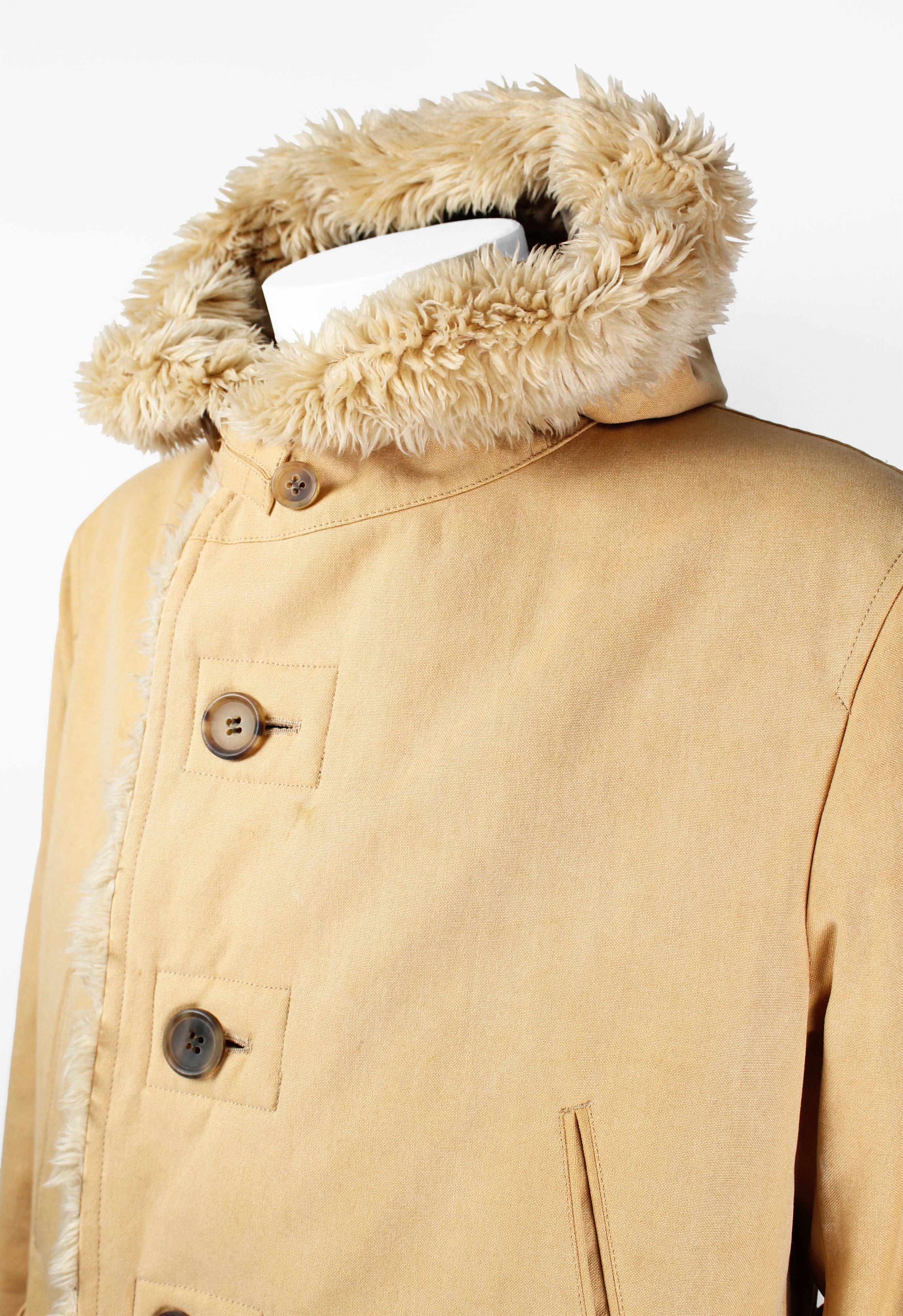 ISSEY MIYAKE MEN FW 2003 FAUX FUR TRIM HOODED COAT