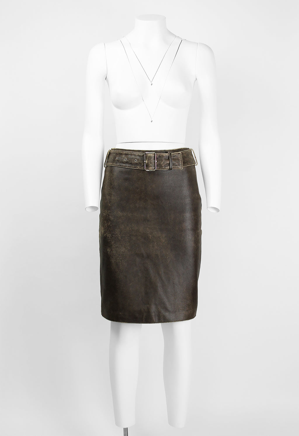 MIU MIU DISTRESSED LEATHER BELTED SKIRT