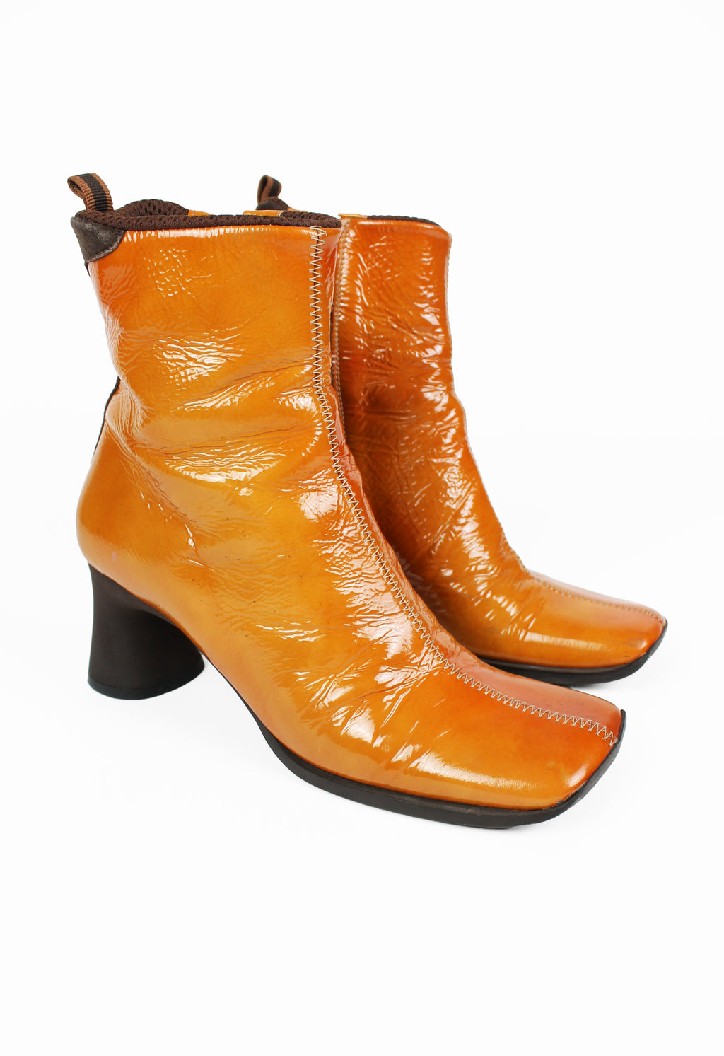 MIU MIU FW 1999 ORANGE PATENT SQUARE TOE BOOTS