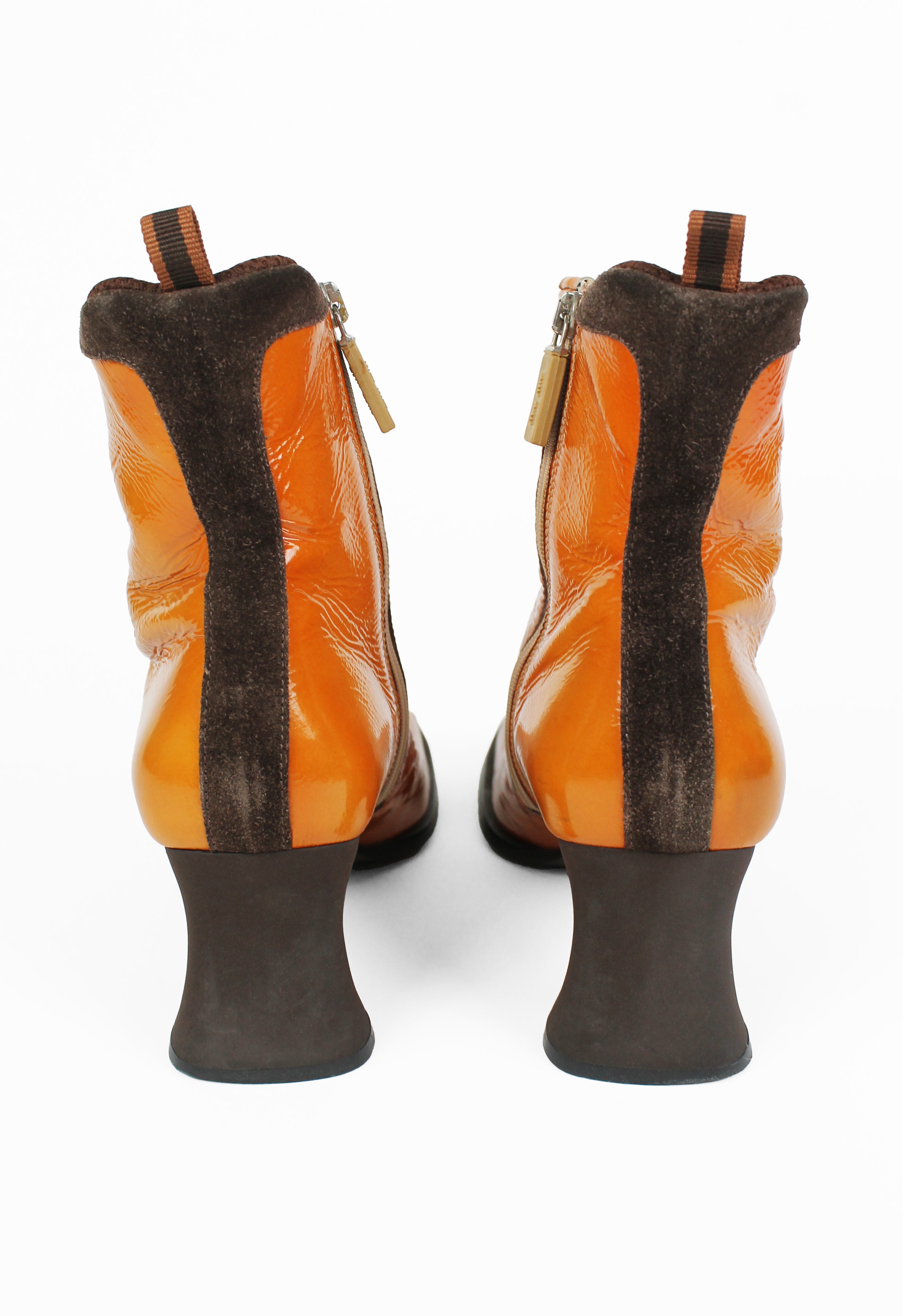 MIU MIU FW 1999 ORANGE PATENT SQUARE TOE BOOTS