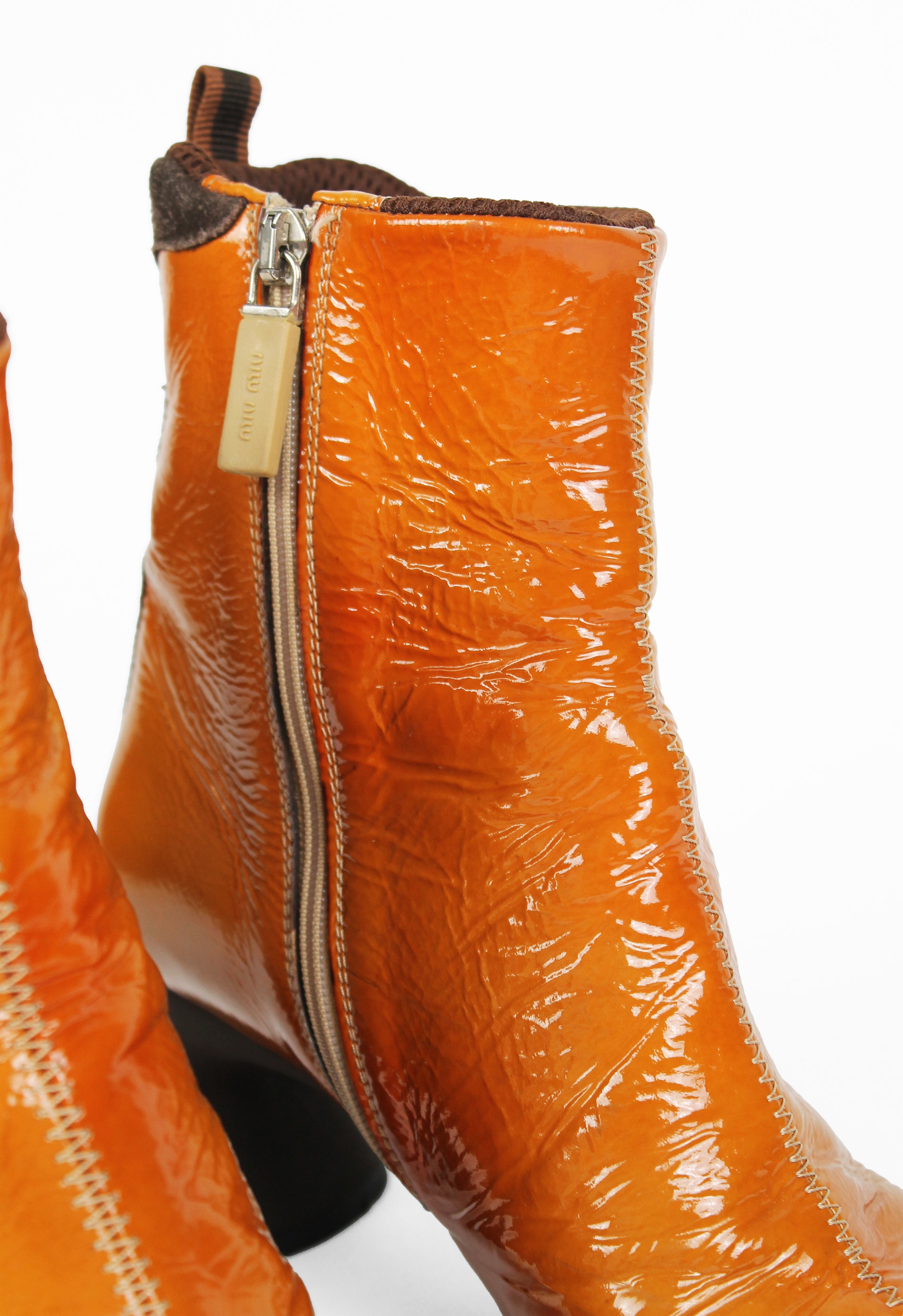 MIU MIU FW 1999 ORANGE PATENT SQUARE TOE BOOTS