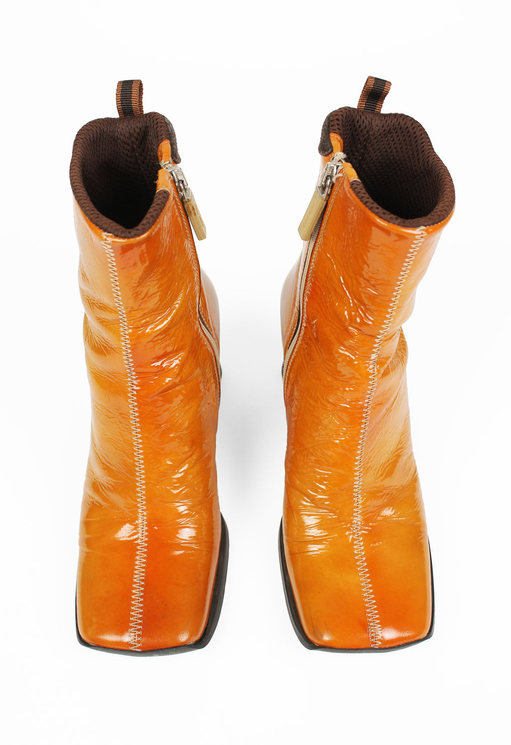MIU MIU FW 1999 ORANGE PATENT SQUARE TOE BOOTS