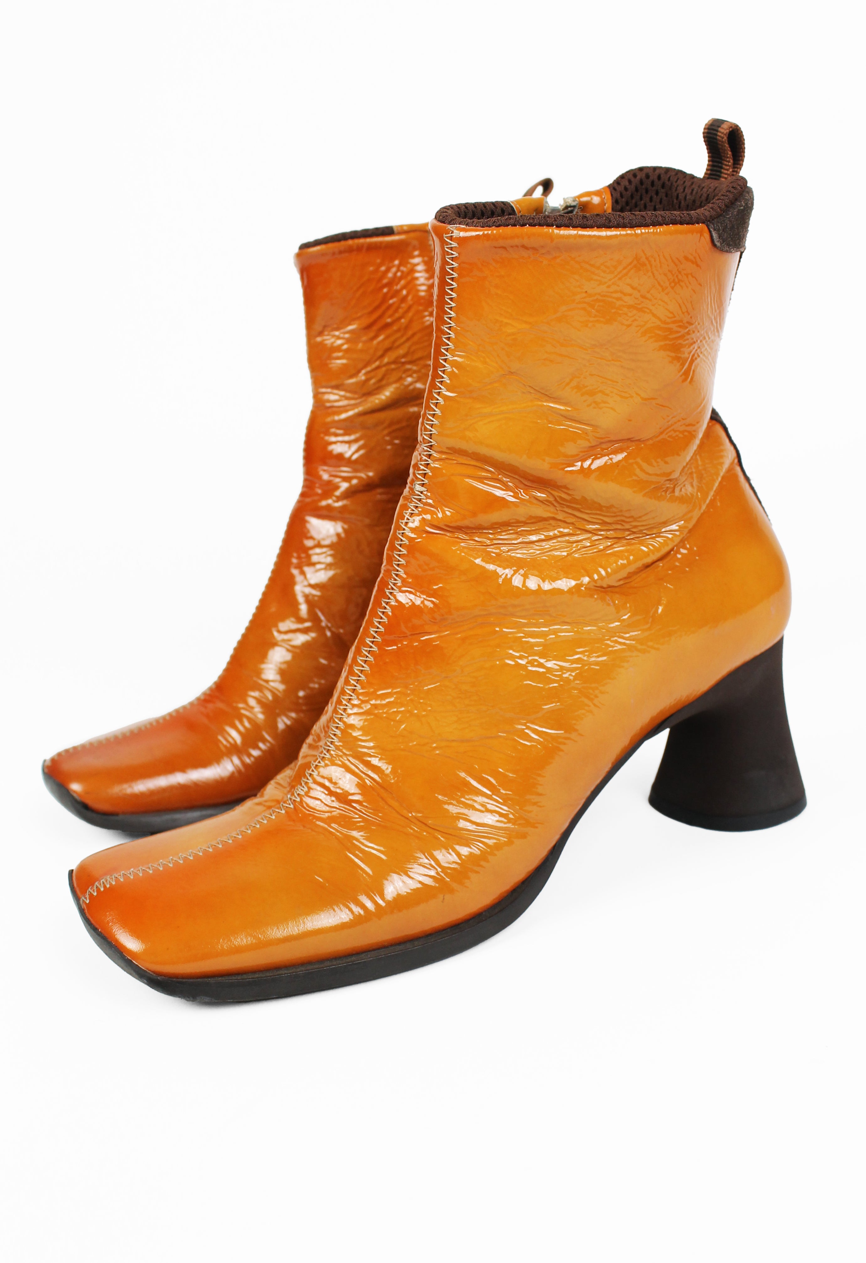 MIU MIU FW 1999 ORANGE PATENT SQUARE TOE BOOTS