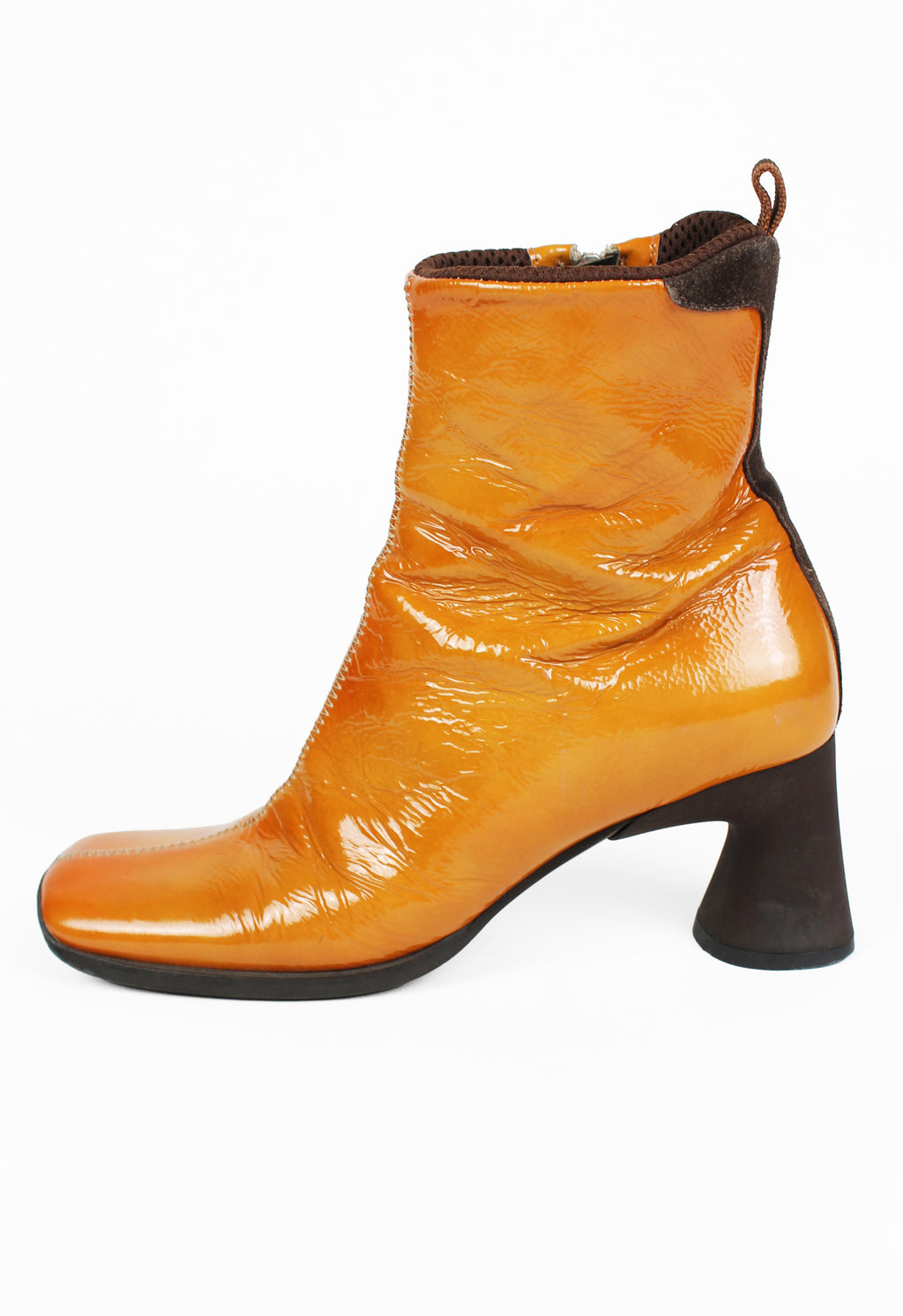 MIU MIU FW 1999 ORANGE PATENT SQUARE TOE BOOTS