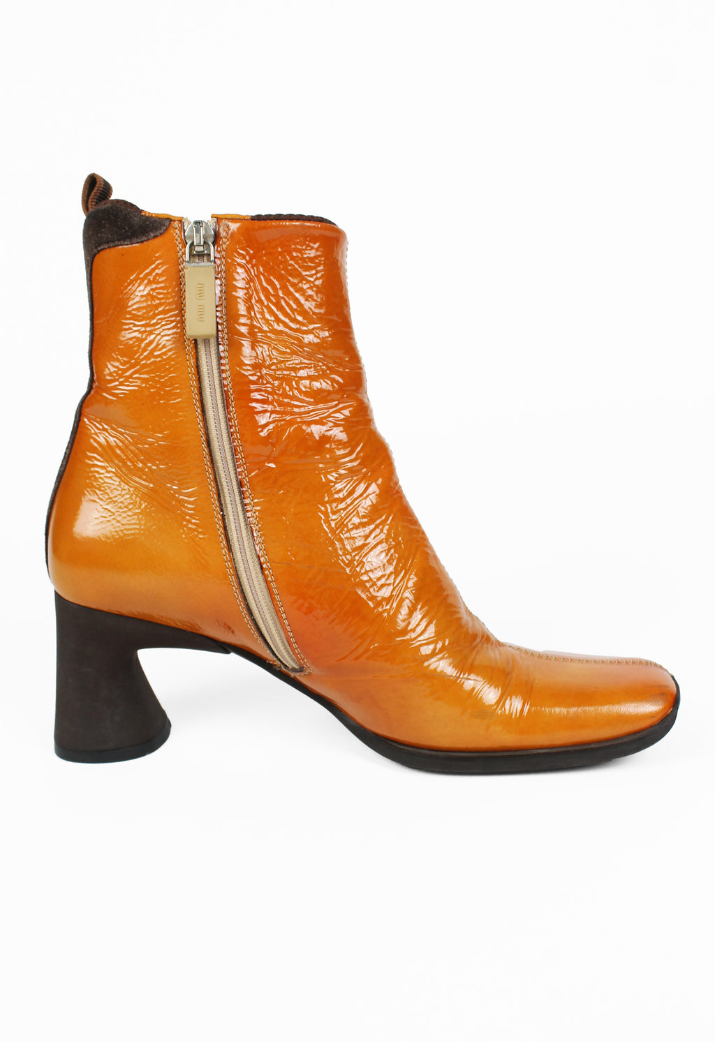 MIU MIU FW 1999 ORANGE PATENT SQUARE TOE BOOTS