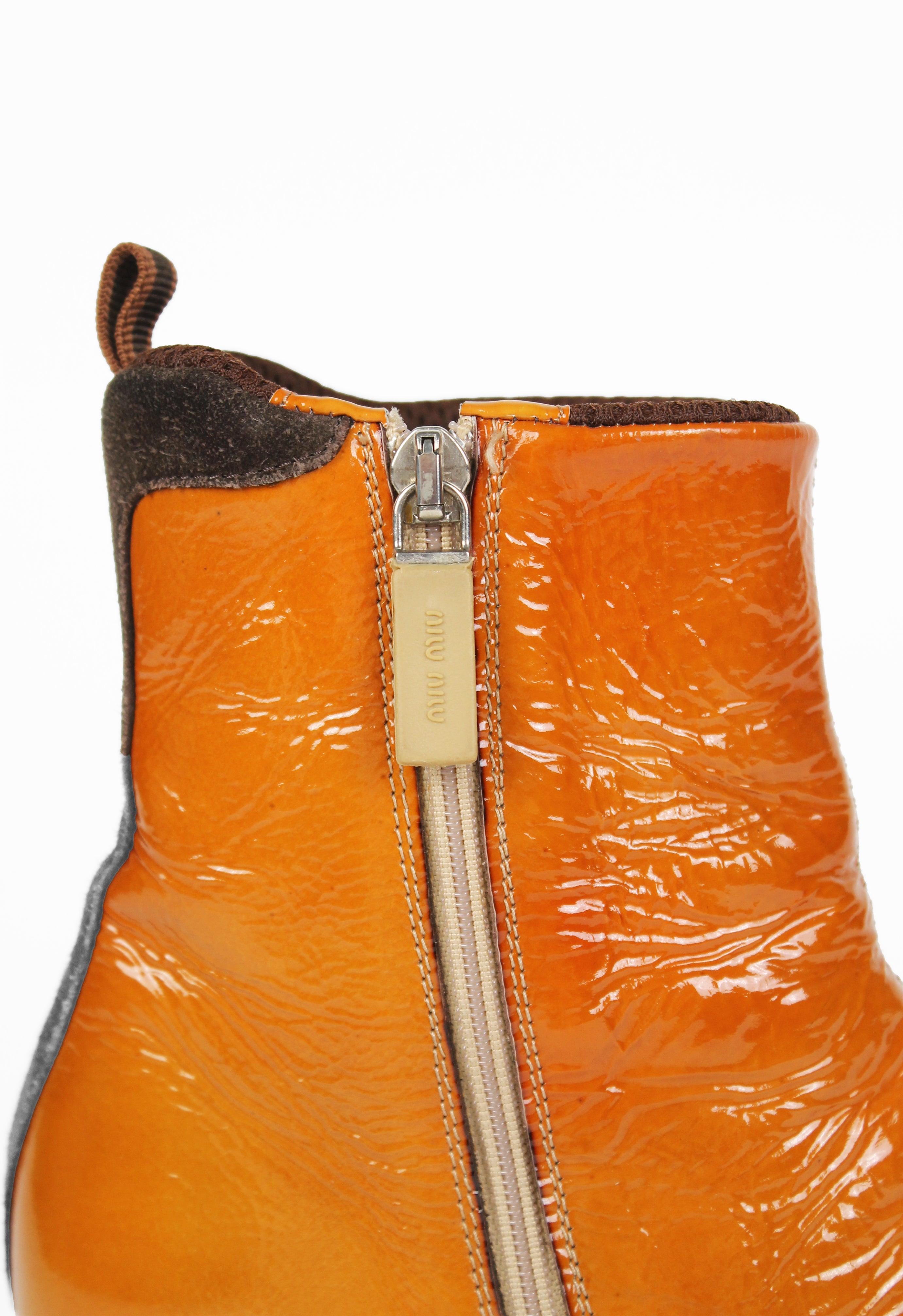 MIU MIU FW 1999 ORANGE PATENT SQUARE TOE BOOTS