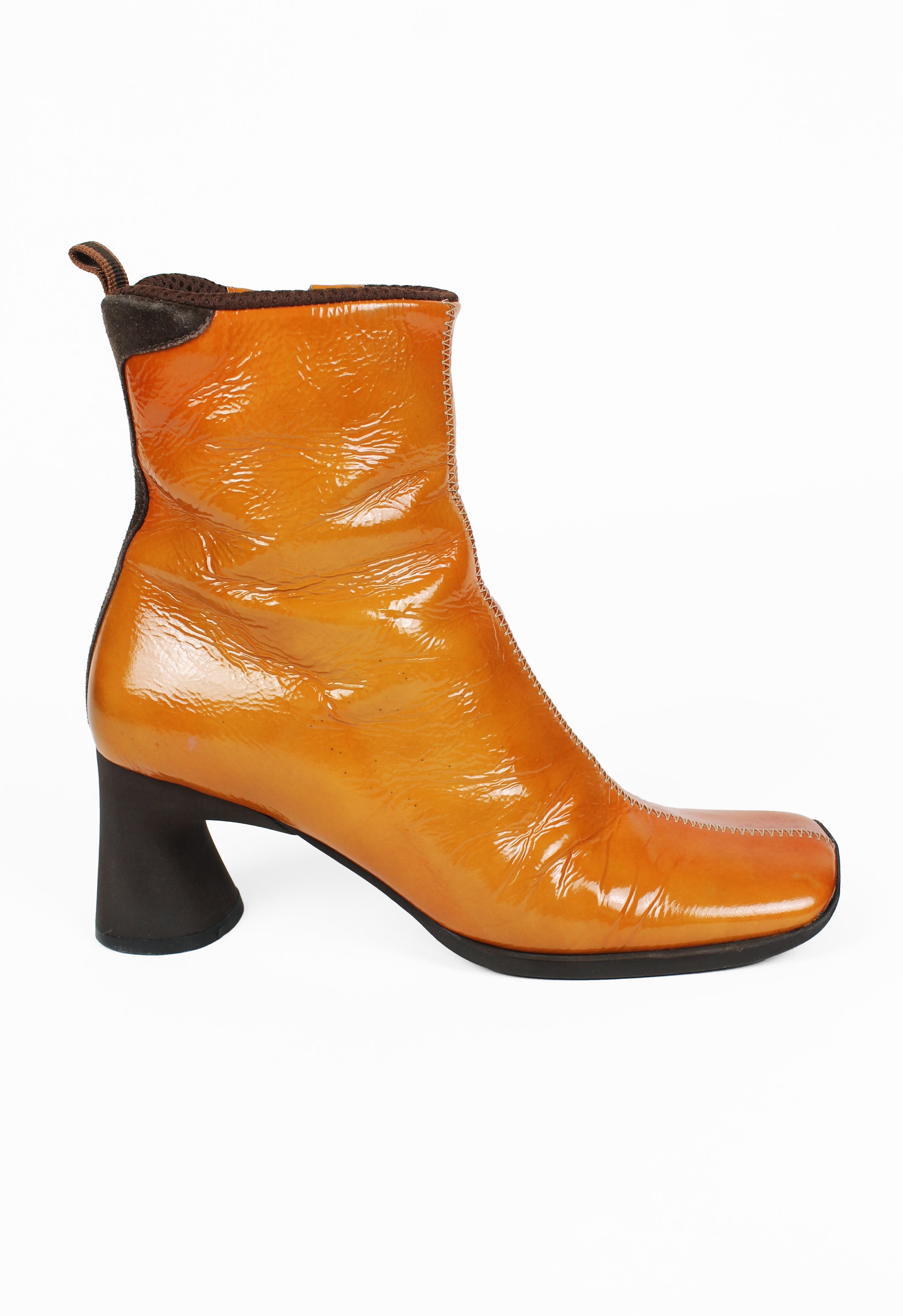 MIU MIU FW 1999 ORANGE PATENT SQUARE TOE BOOTS