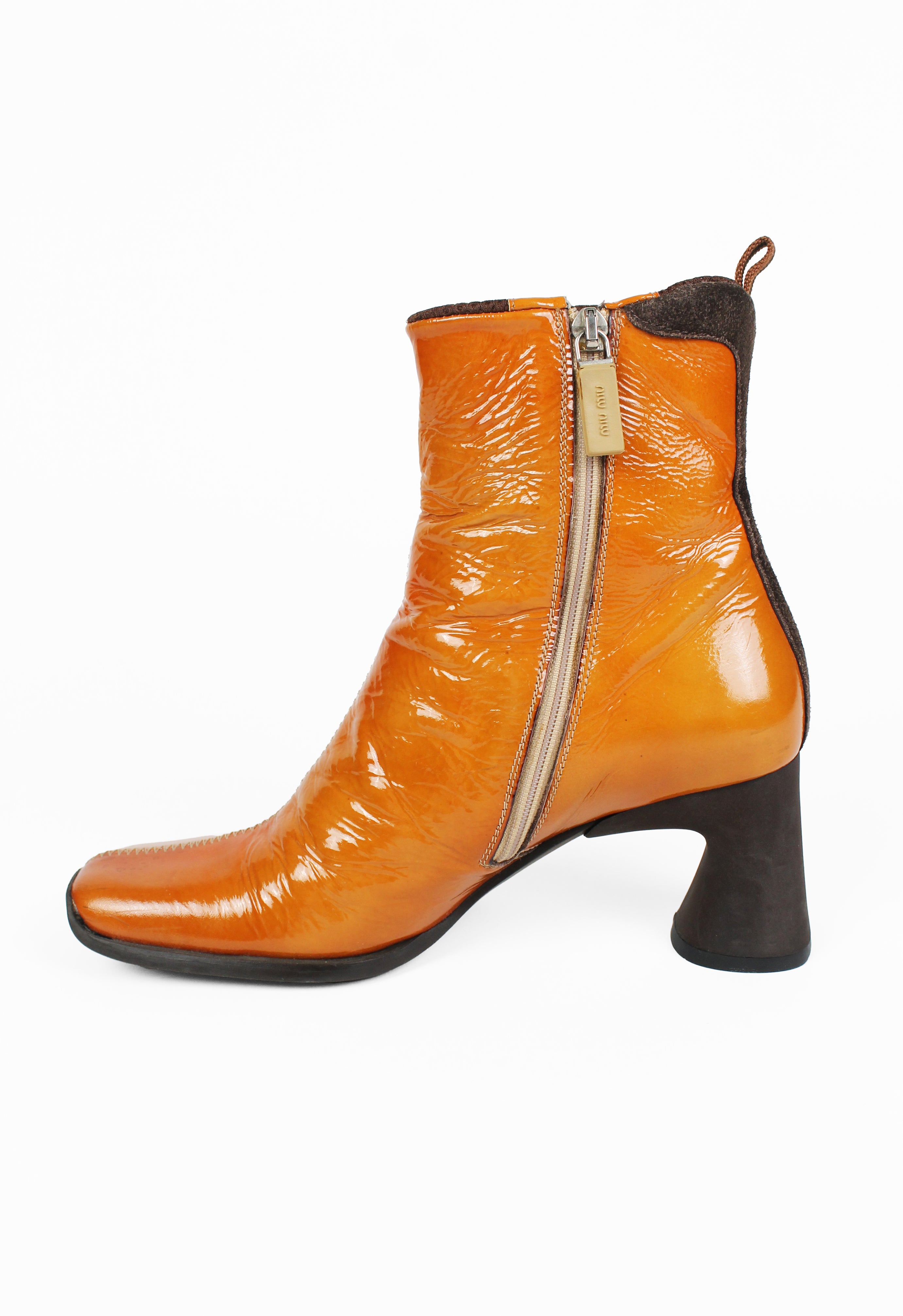 MIU MIU FW 1999 ORANGE PATENT SQUARE TOE BOOTS