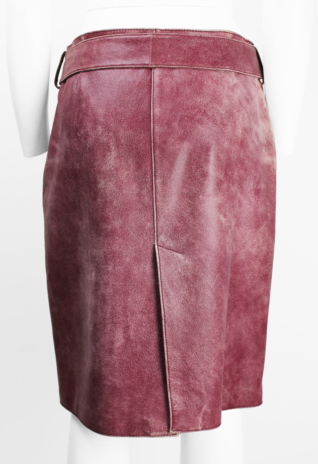 MIU MIU FW 2000 PINK DISTRESSED LEATHER BELTED SKIRT