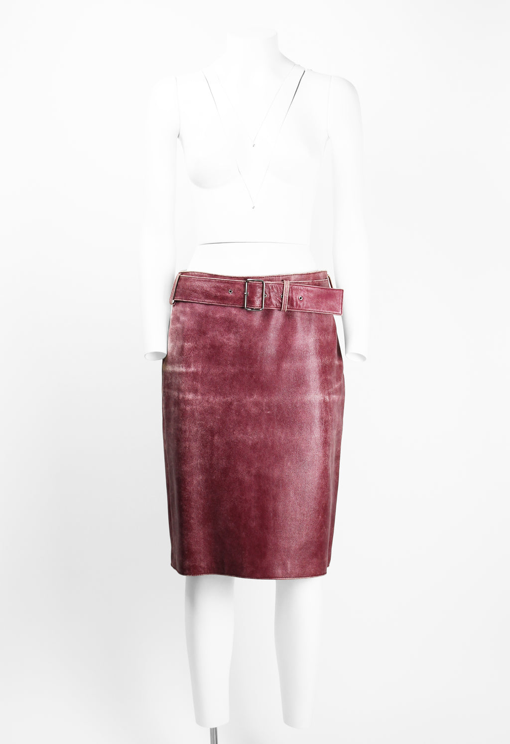 MIU MIU FW 2000 PINK DISTRESSED LEATHER BELTED SKIRT