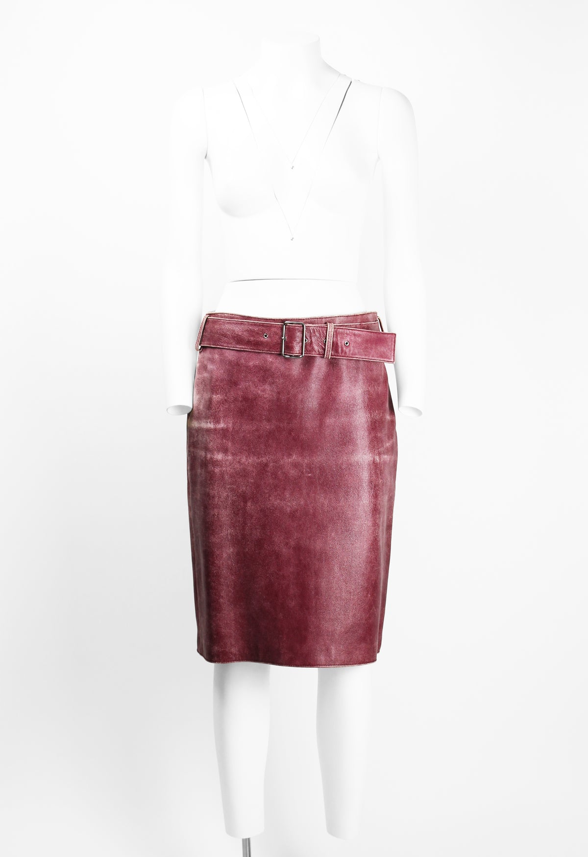 MIU MIU FW 2000 PINK DISTRESSED LEATHER BELTED SKIRT