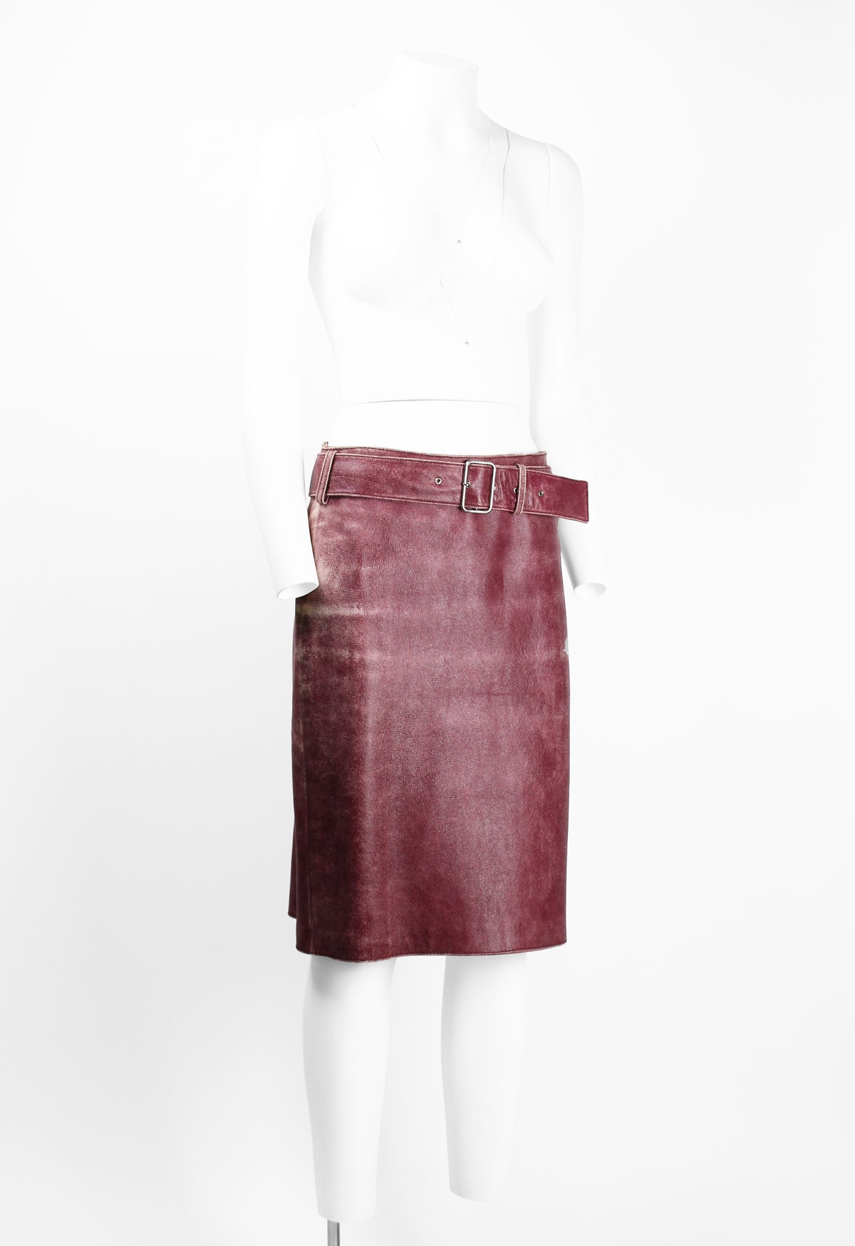 MIU MIU FW 2000 PINK DISTRESSED LEATHER BELTED SKIRT