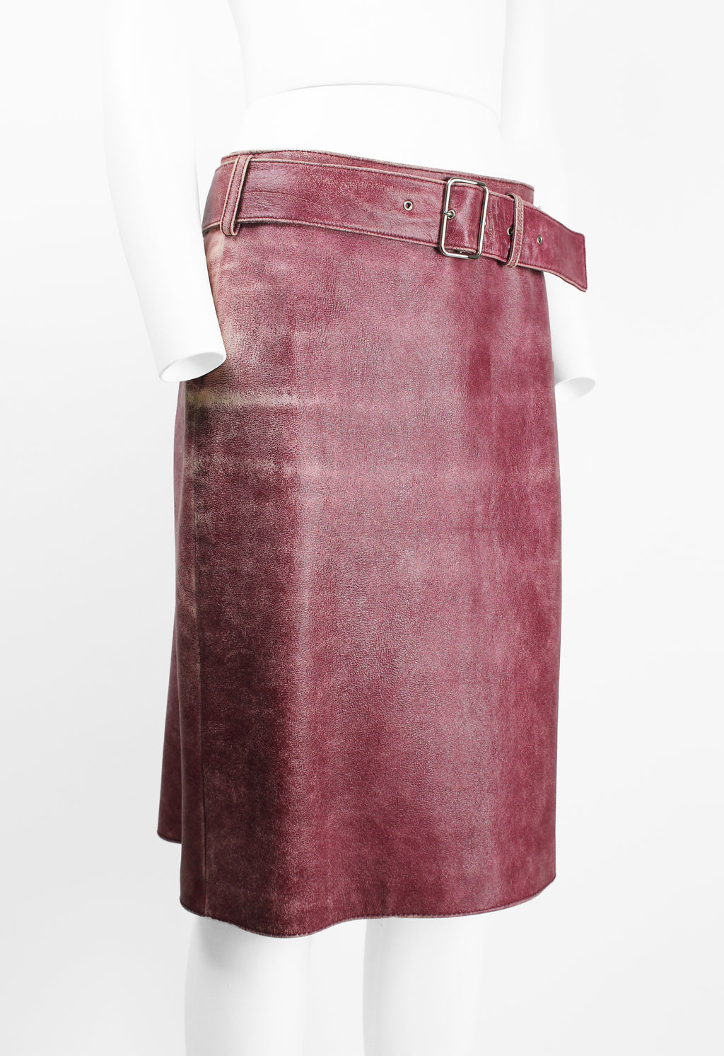 MIU MIU FW 2000 PINK DISTRESSED LEATHER BELTED SKIRT