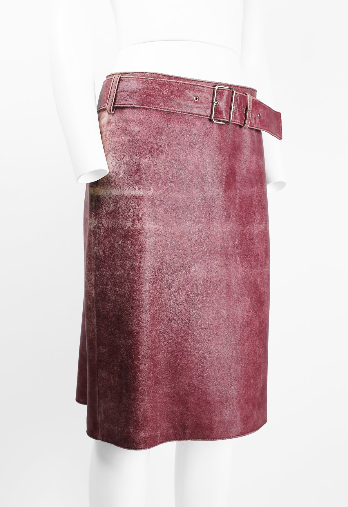 MIU MIU FW 2000 PINK DISTRESSED LEATHER BELTED SKIRT