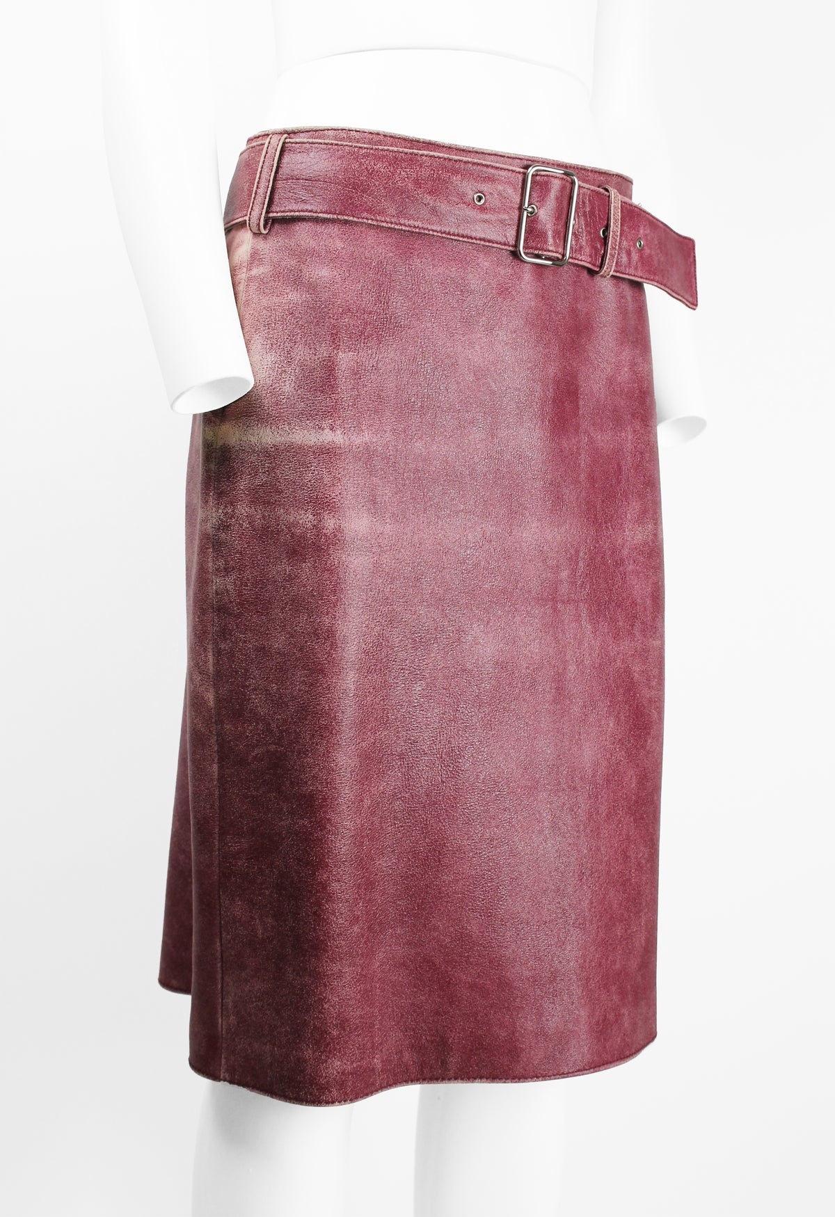MIU MIU FW 2000 PINK DISTRESSED LEATHER BELTED SKIRT