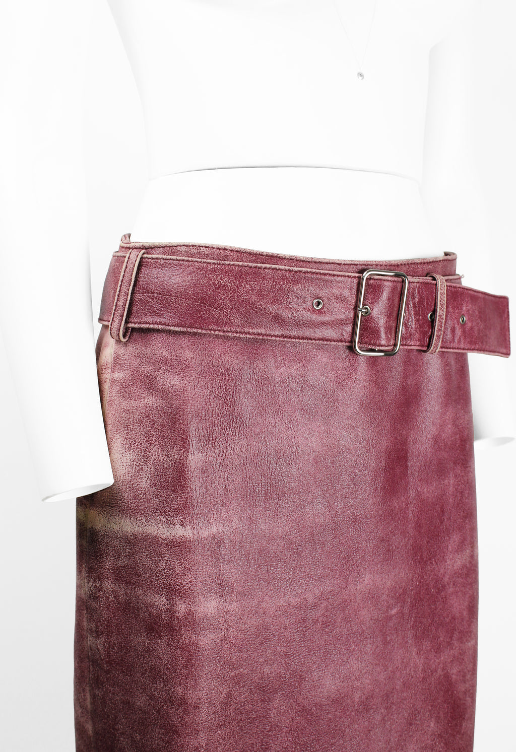 MIU MIU FW 2000 PINK DISTRESSED LEATHER BELTED SKIRT