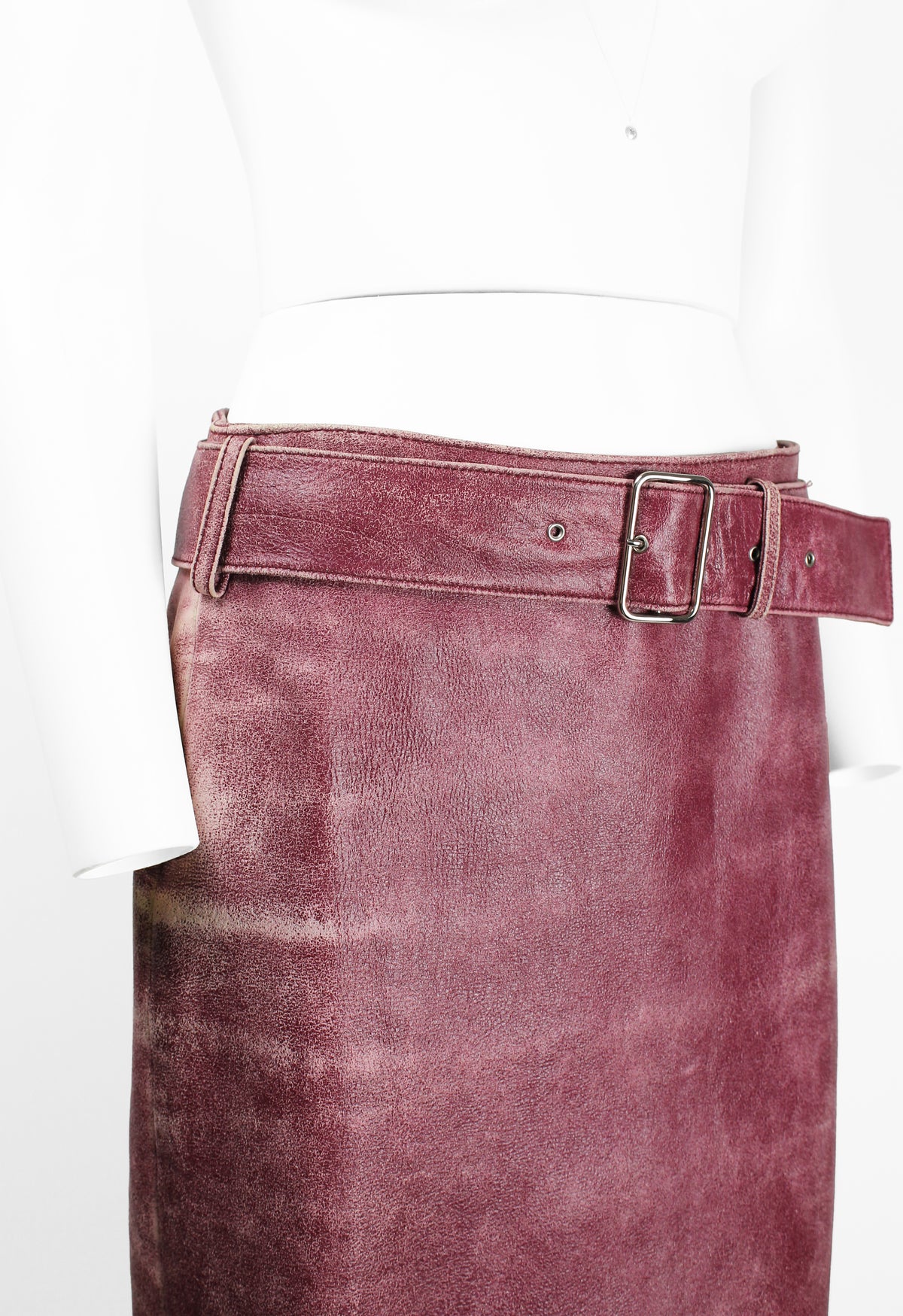 MIU MIU FW 2000 PINK DISTRESSED LEATHER BELTED SKIRT