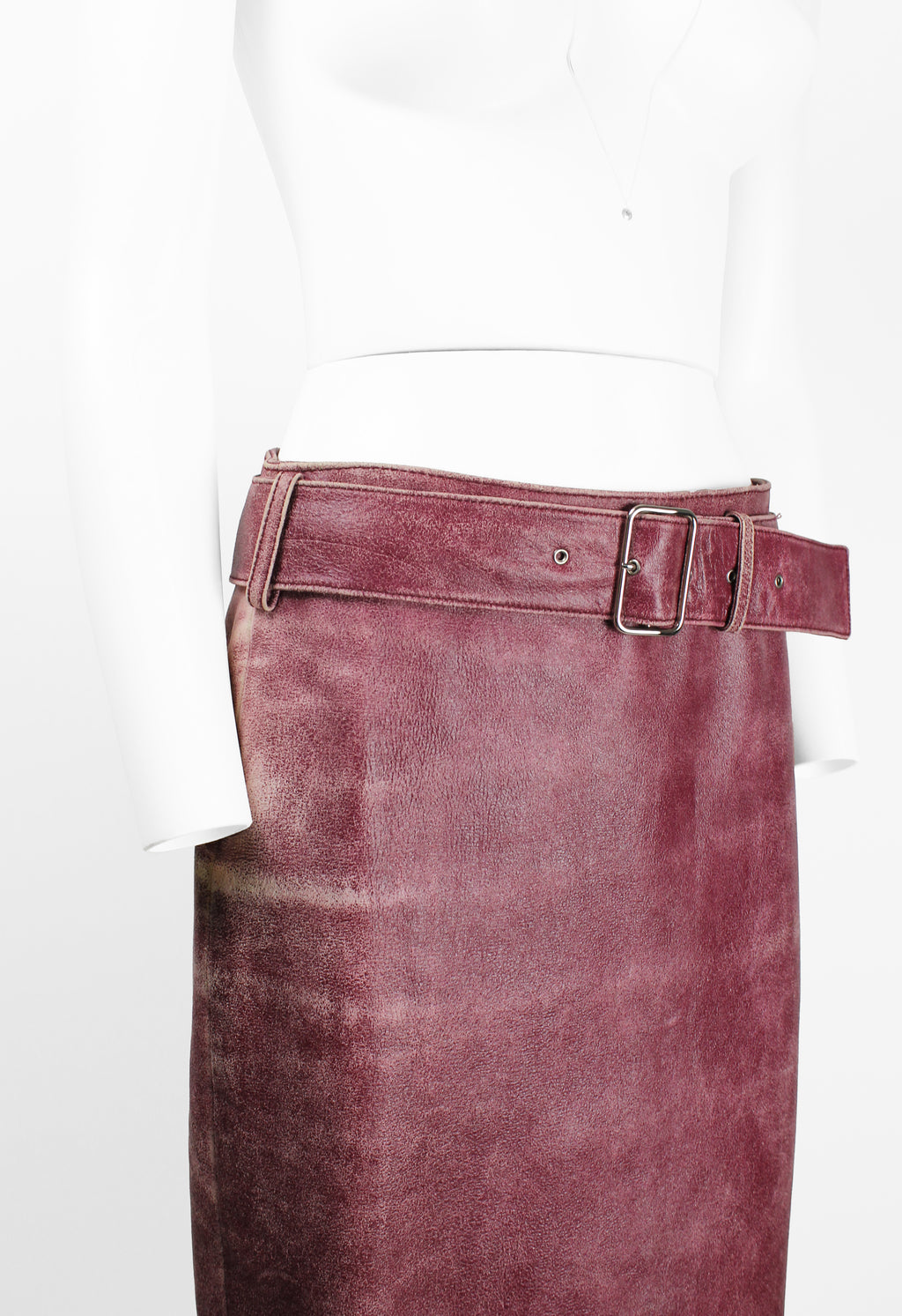 MIU MIU FW 2000 PINK DISTRESSED LEATHER BELTED SKIRT