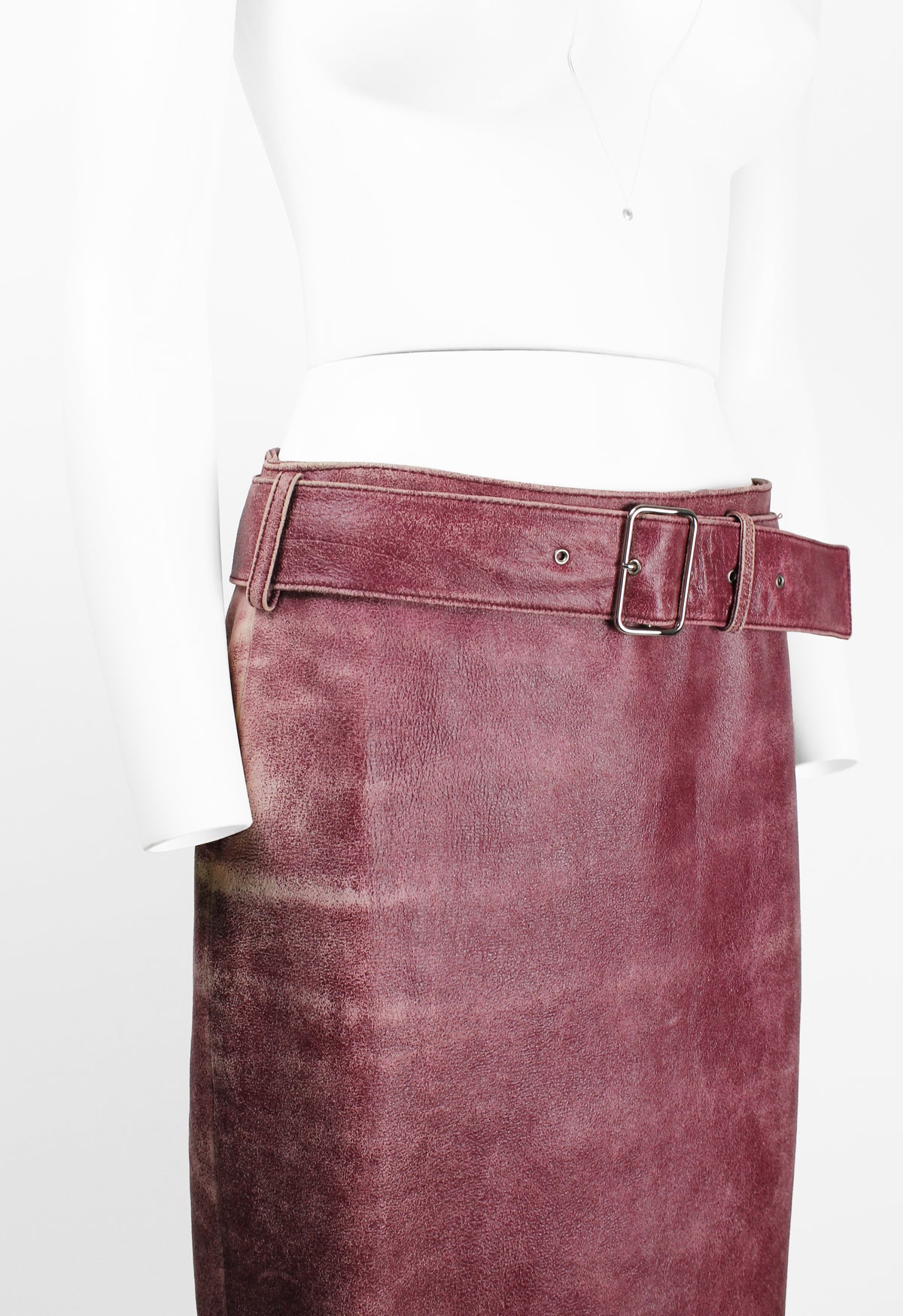 MIU MIU FW 2000 PINK DISTRESSED LEATHER BELTED SKIRT