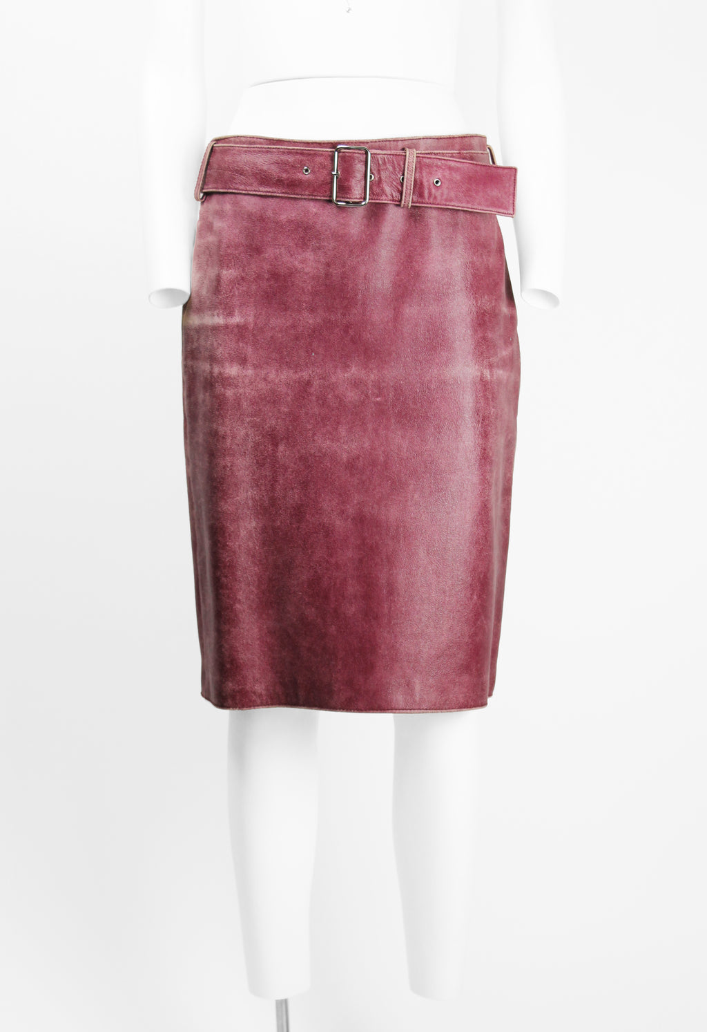 MIU MIU FW 2000 PINK DISTRESSED LEATHER BELTED SKIRT