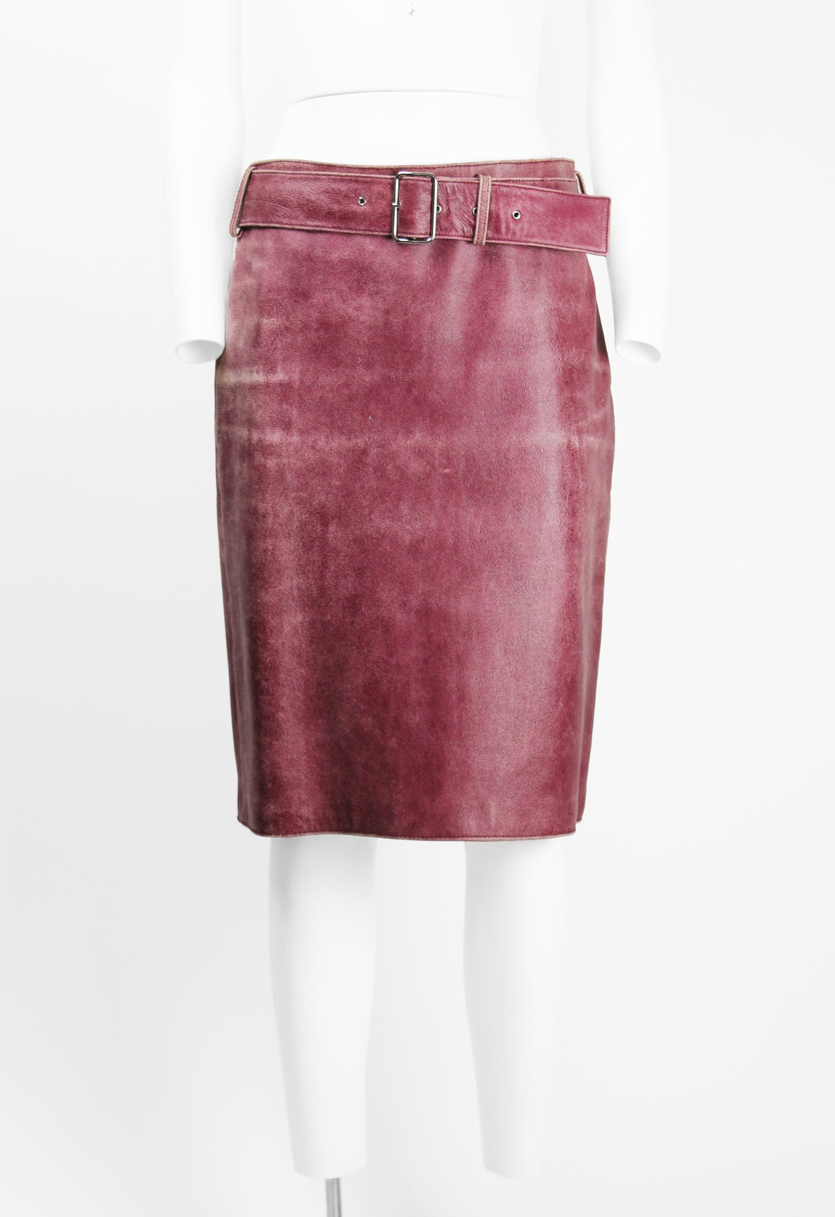 MIU MIU FW 2000 PINK DISTRESSED LEATHER BELTED SKIRT