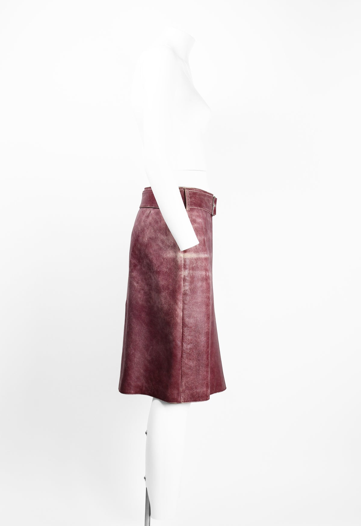 MIU MIU FW 2000 PINK DISTRESSED LEATHER BELTED SKIRT