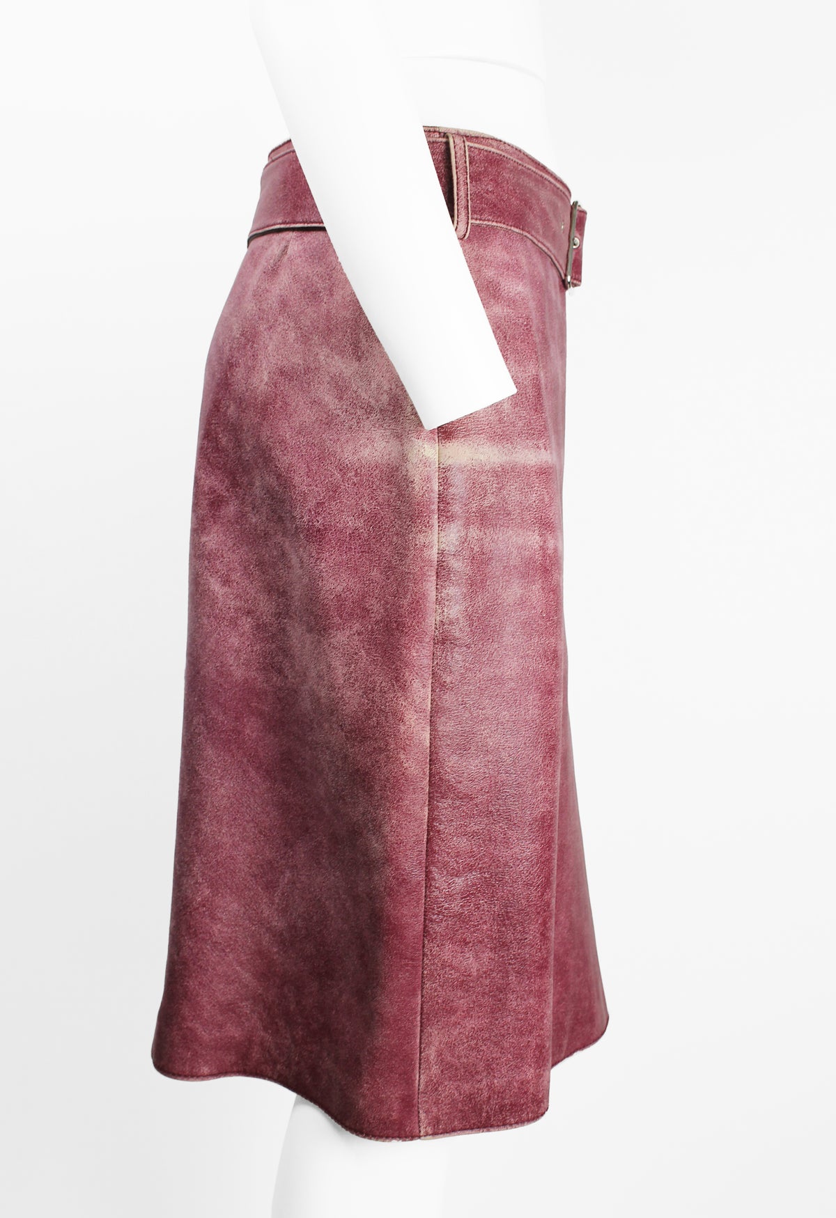 MIU MIU FW 2000 PINK DISTRESSED LEATHER BELTED SKIRT
