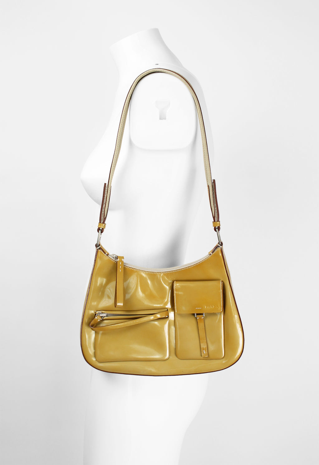 PRADA FW 1999 PATENT GOLD MULTI POCKET SHOULDER BAG