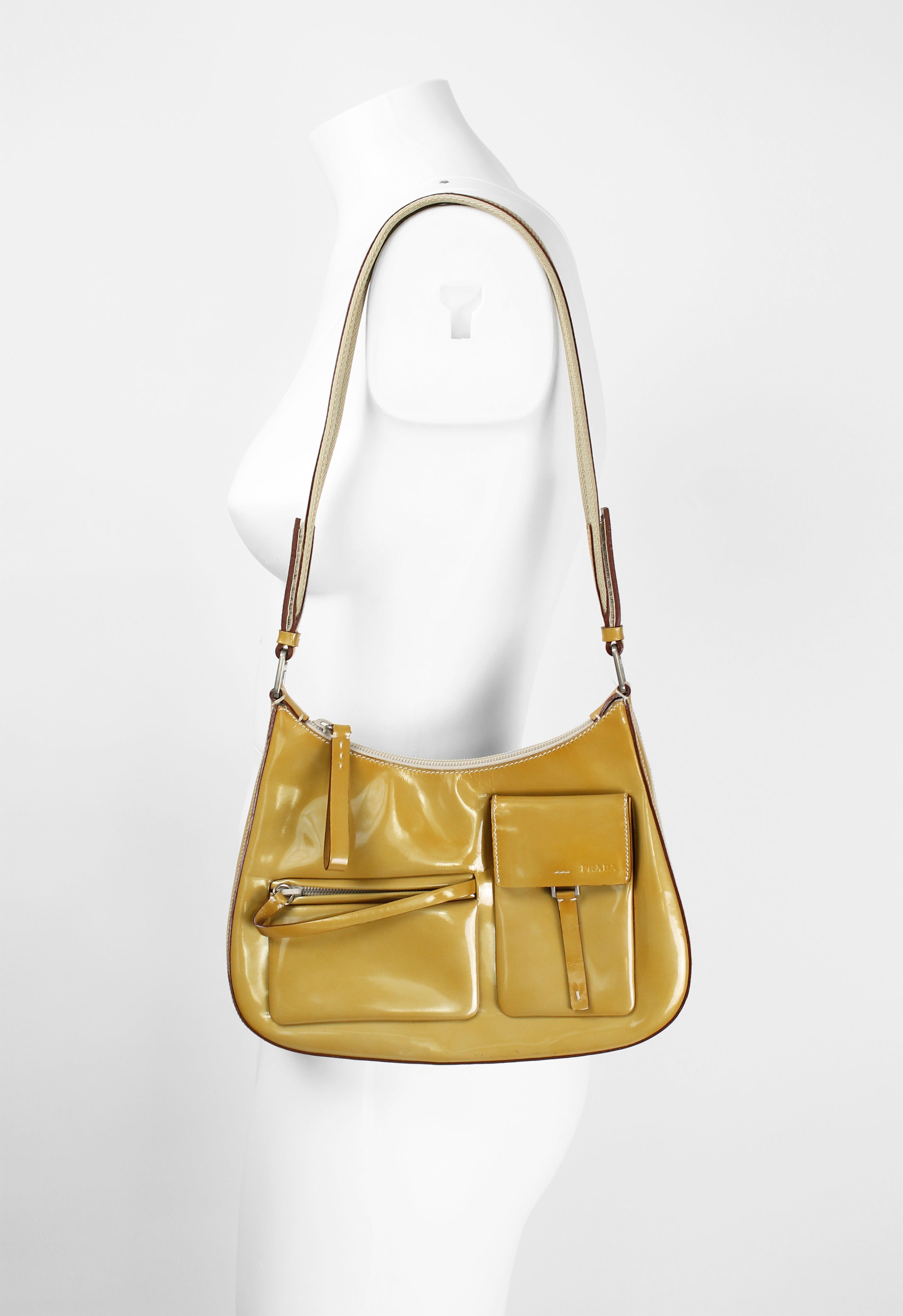 PRADA FW 1999 PATENT GOLD MULTI POCKET SHOULDER BAG