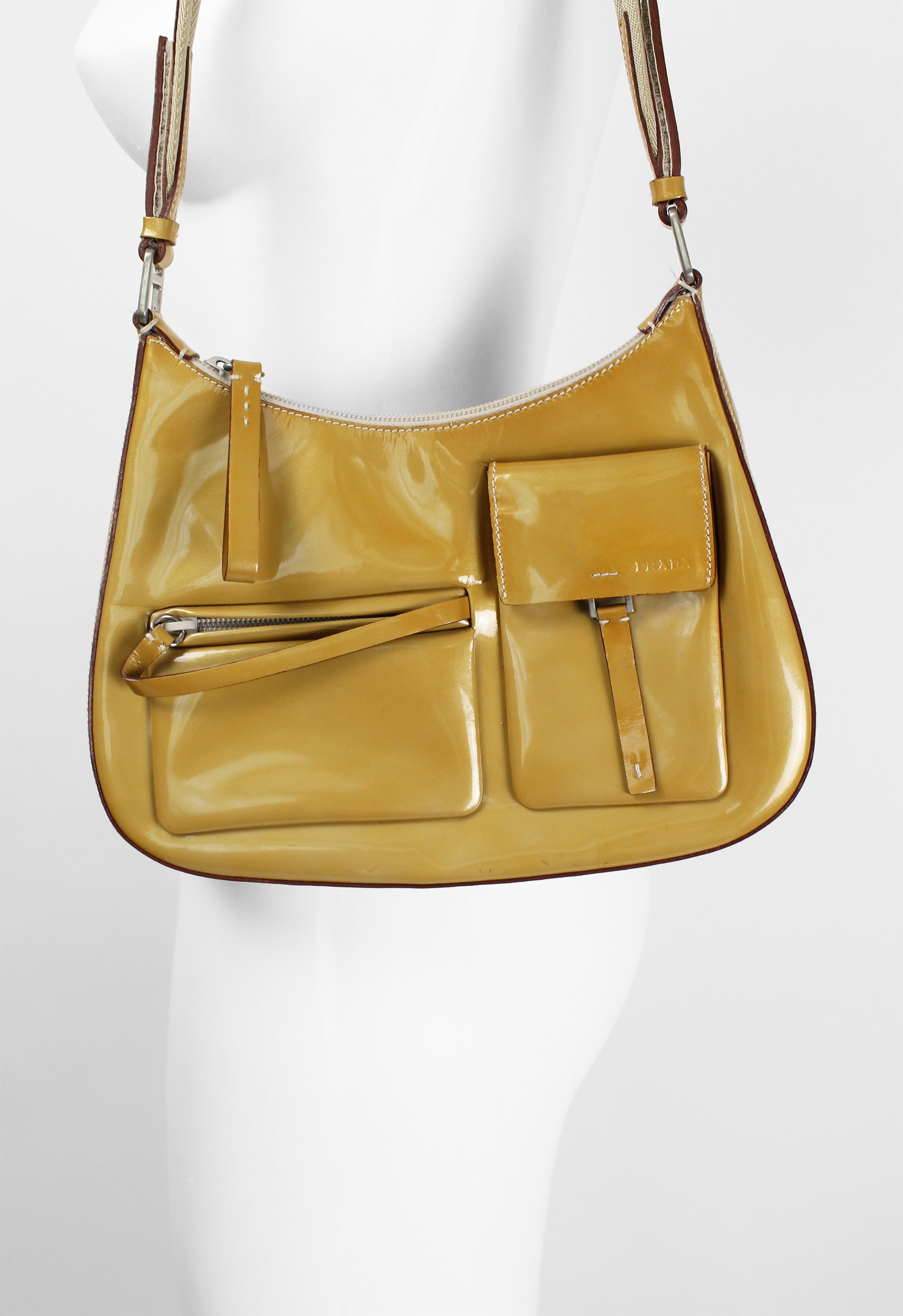 PRADA FW 1999 PATENT GOLD MULTI POCKET SHOULDER BAG