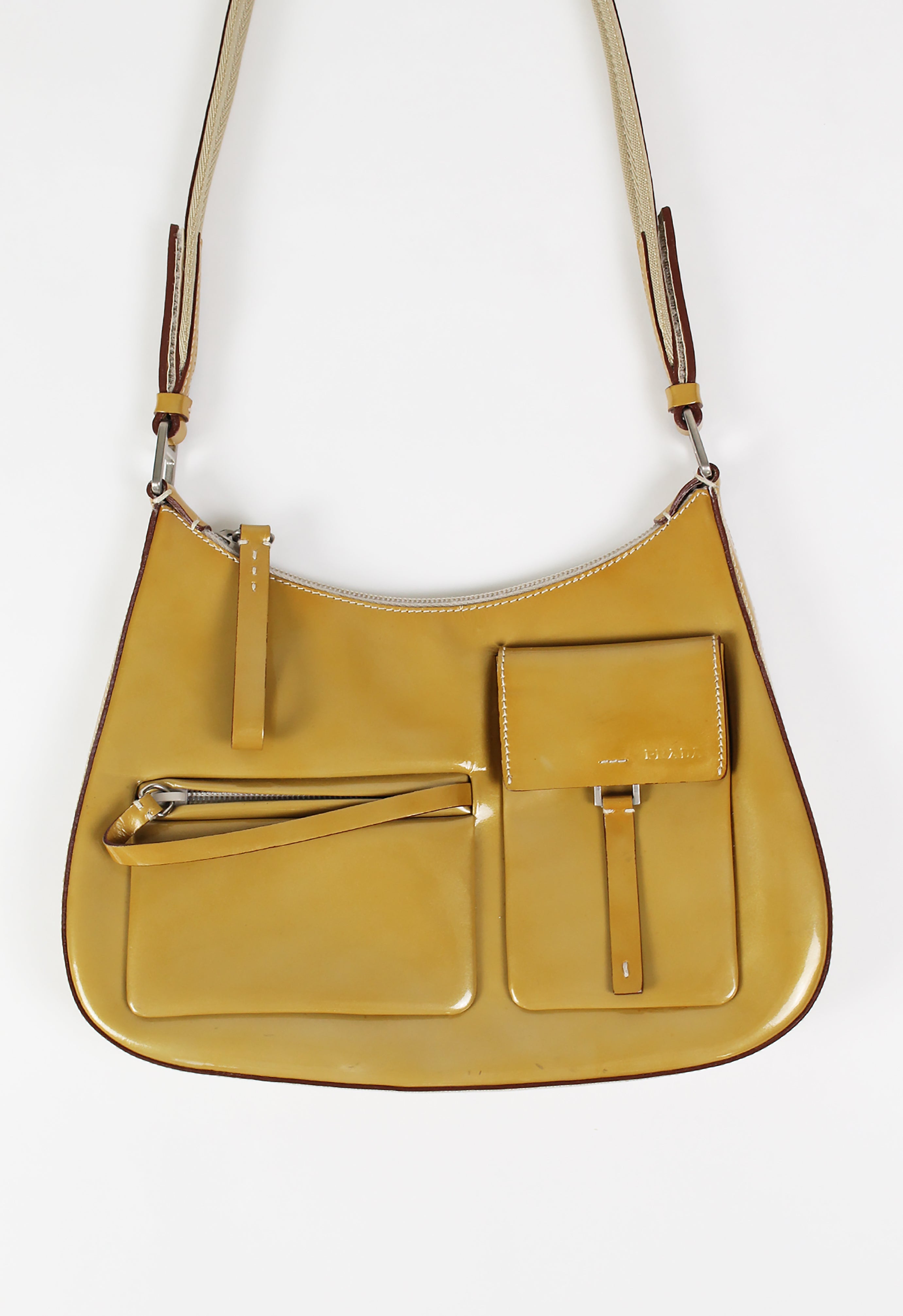 PRADA FW 1999 PATENT GOLD MULTI POCKET SHOULDER BAG