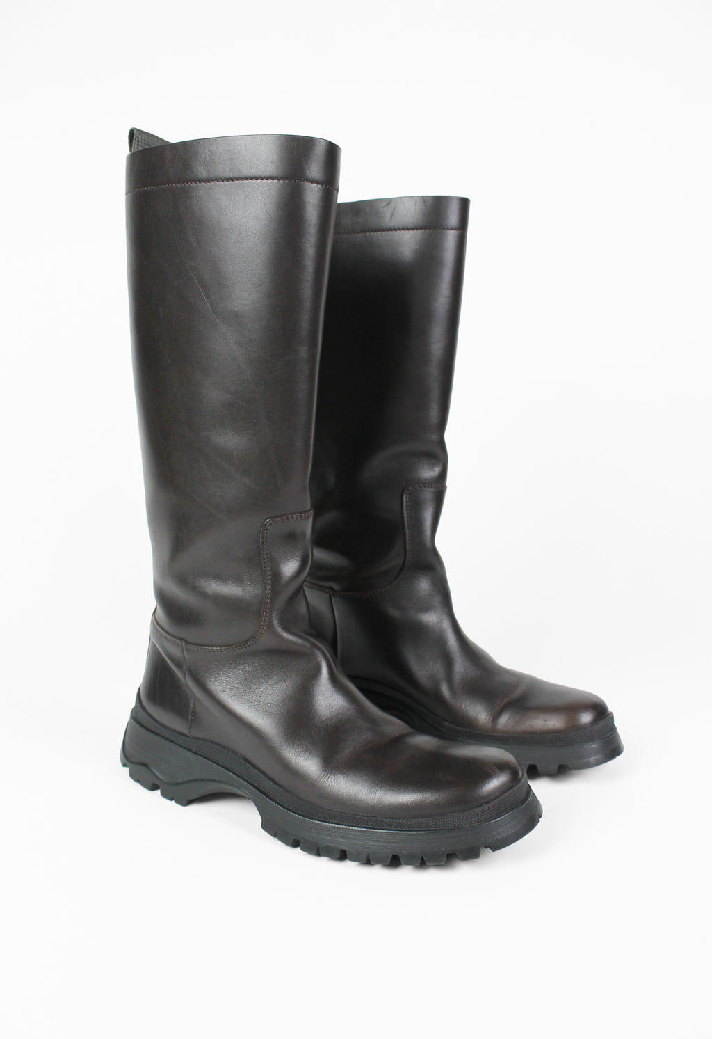PRADA TALL BROWN LUG SOLE BOOTS