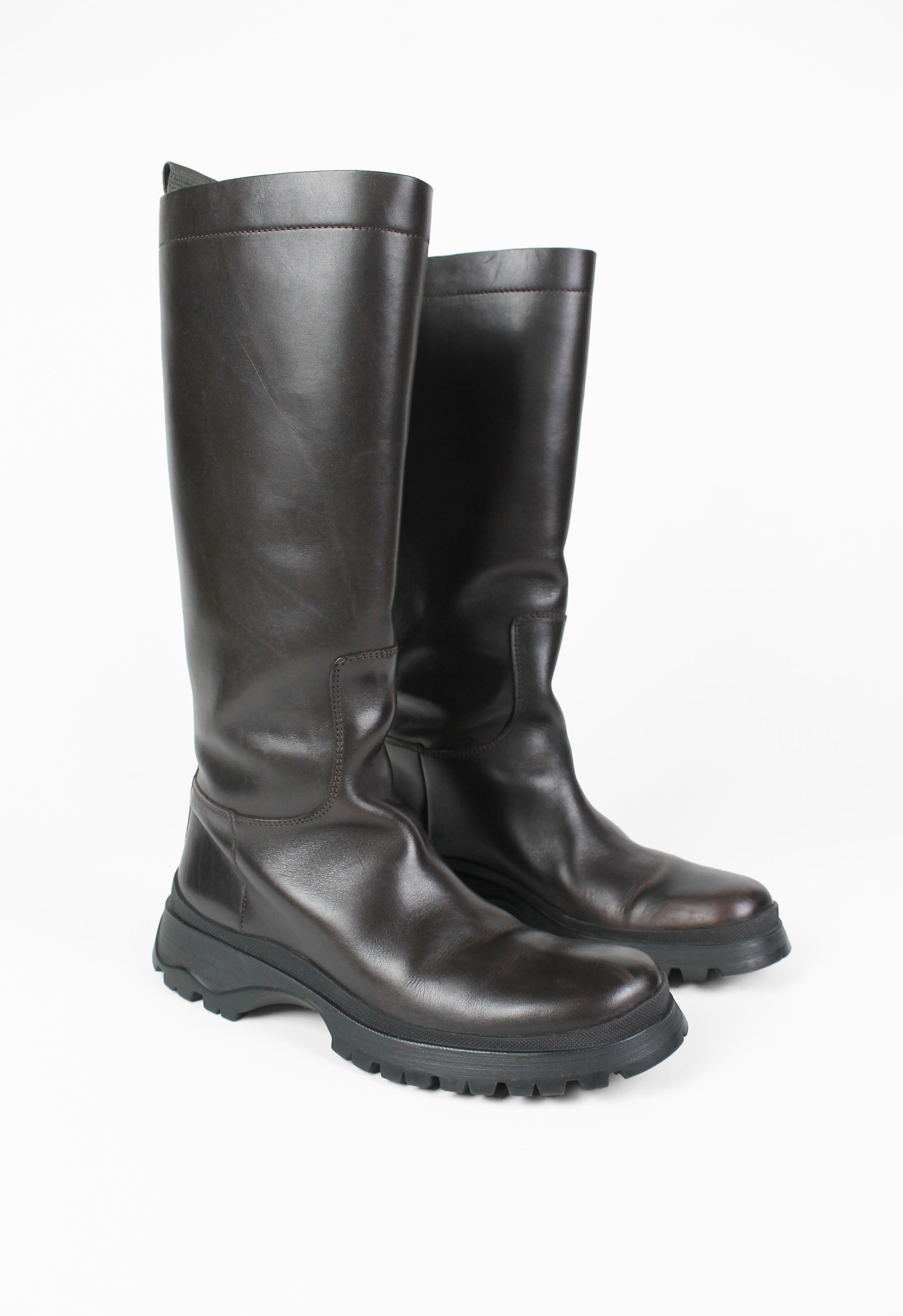 PRADA TALL BROWN LUG SOLE BOOTS