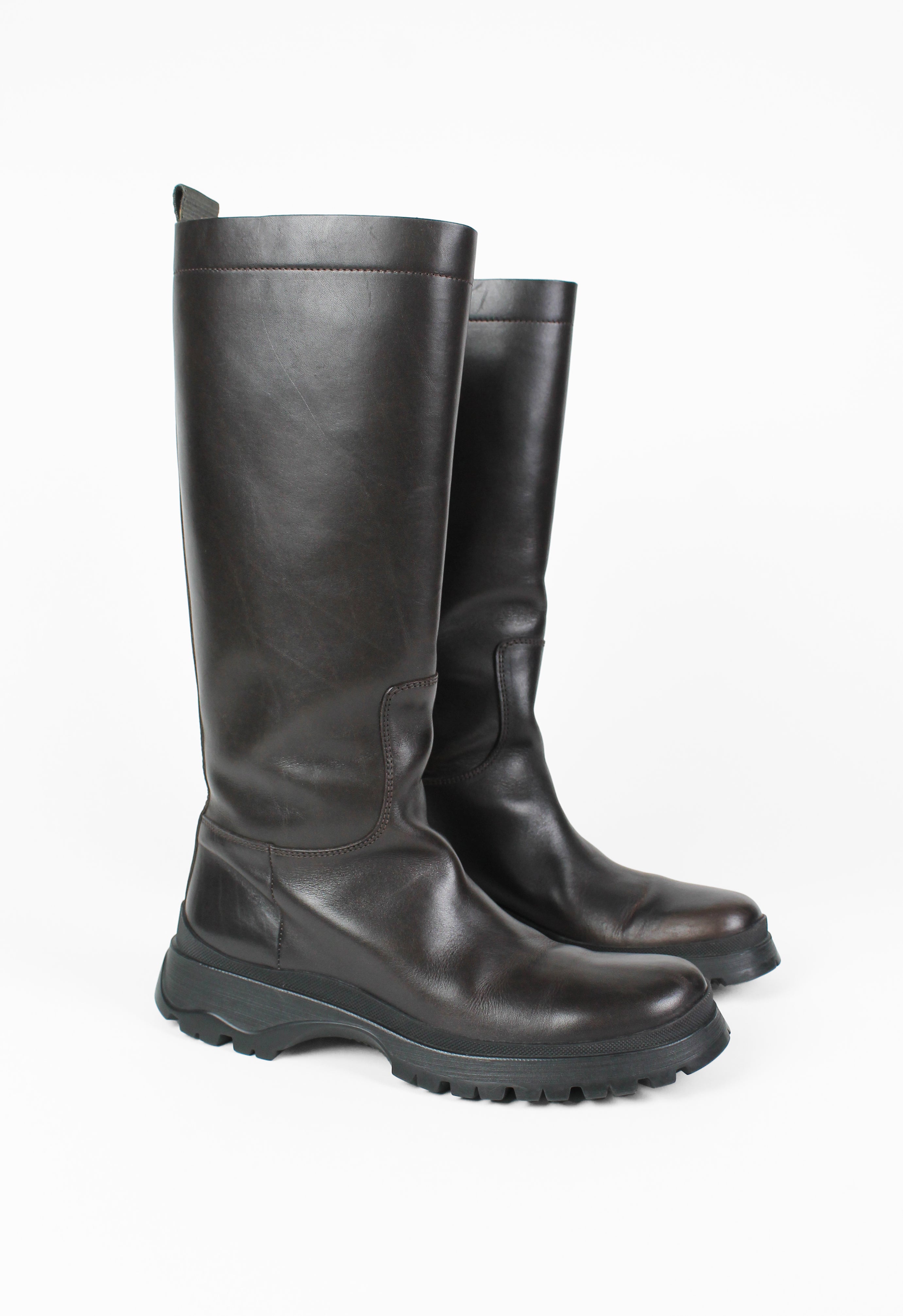 PRADA TALL BROWN LUG SOLE BOOTS